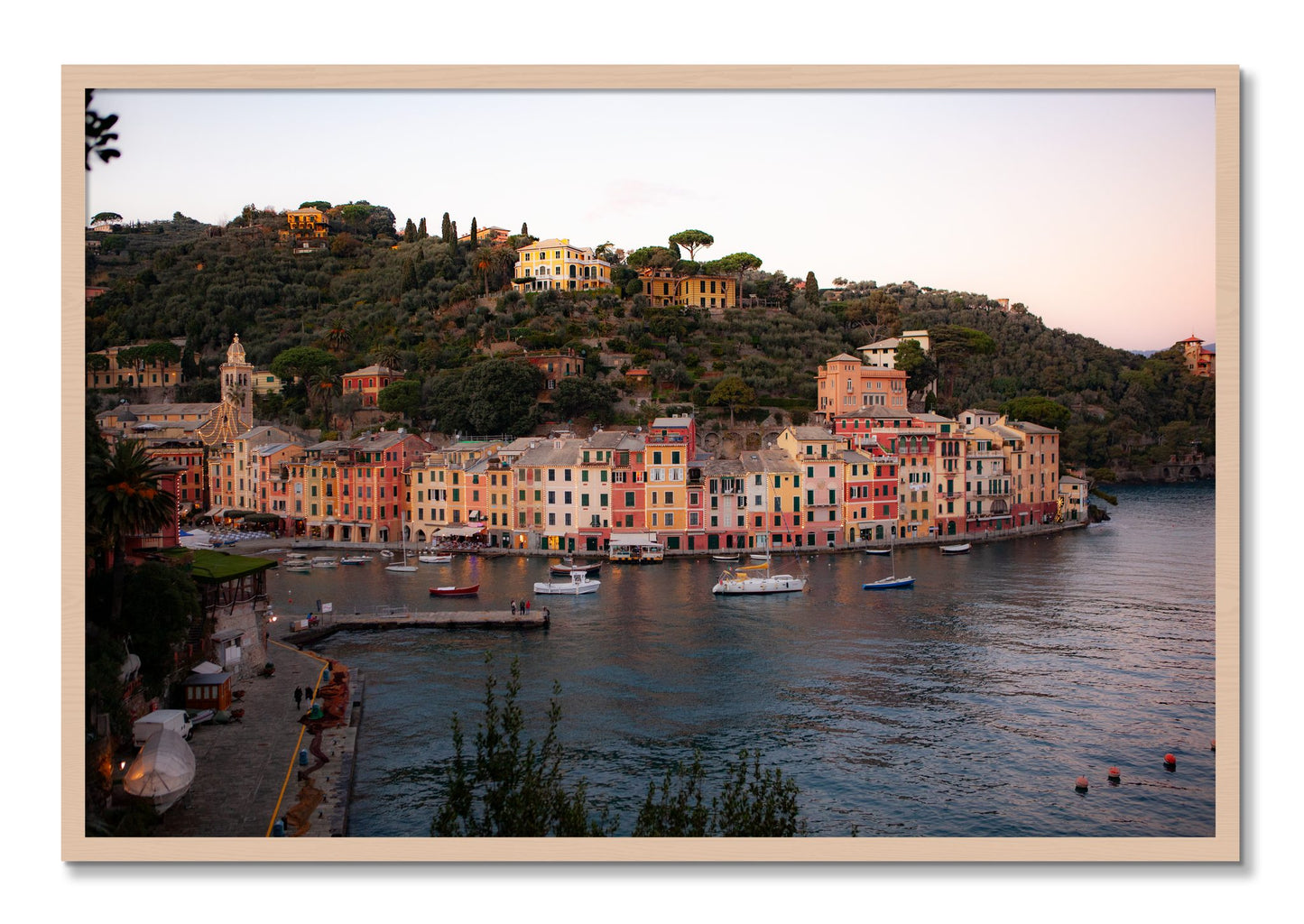 Framed photograph of Portofino Italy by Dylan Ozanich, Maple frame, Full Bleed
