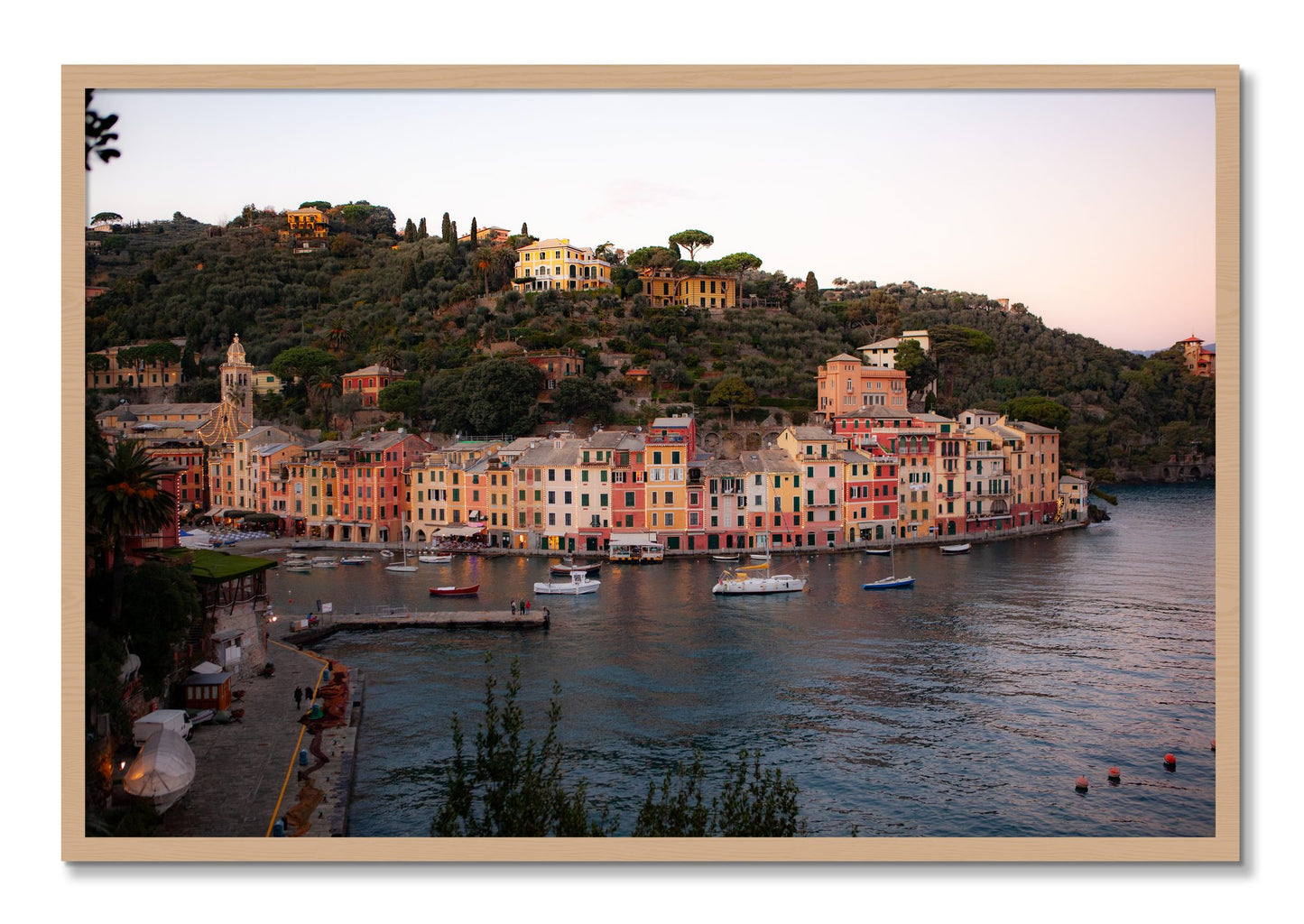 Framed photograph of Portofino Italy by Dylan Ozanich, Oak frame, Full Bleed