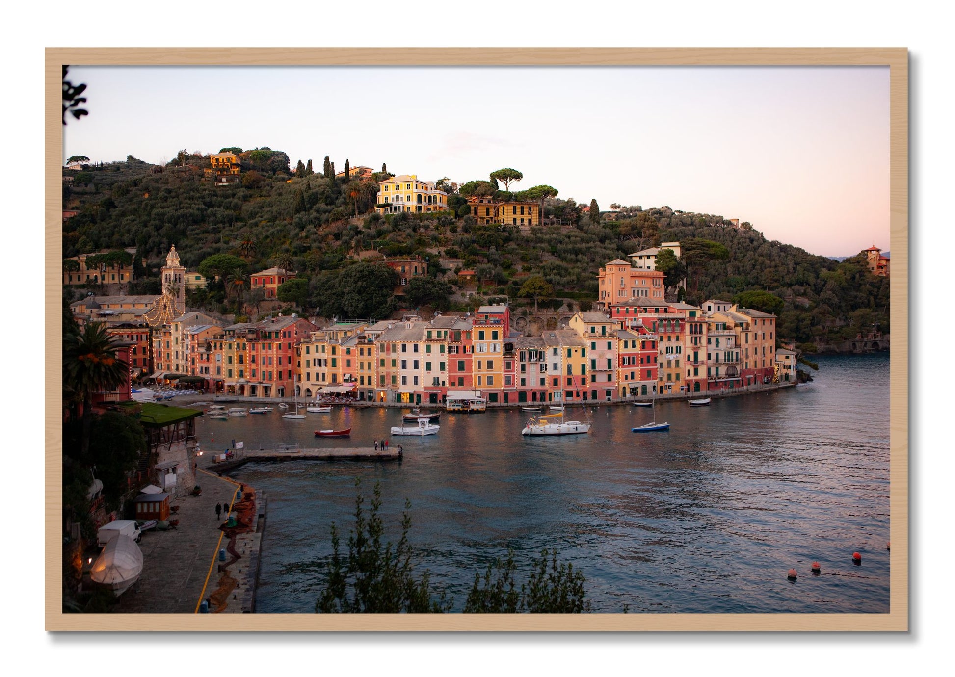 Framed photograph of Portofino Italy by Dylan Ozanich, Oak frame, Full Bleed