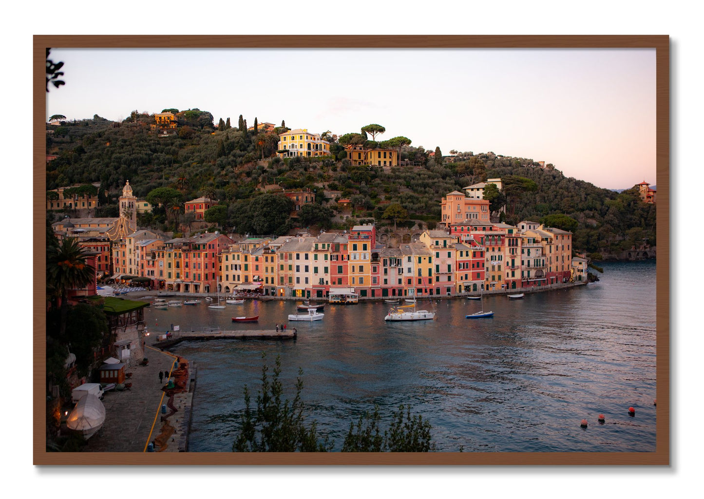 Framed photograph of Portofino Italy by Dylan Ozanich, Walnut frame, Full Bleed