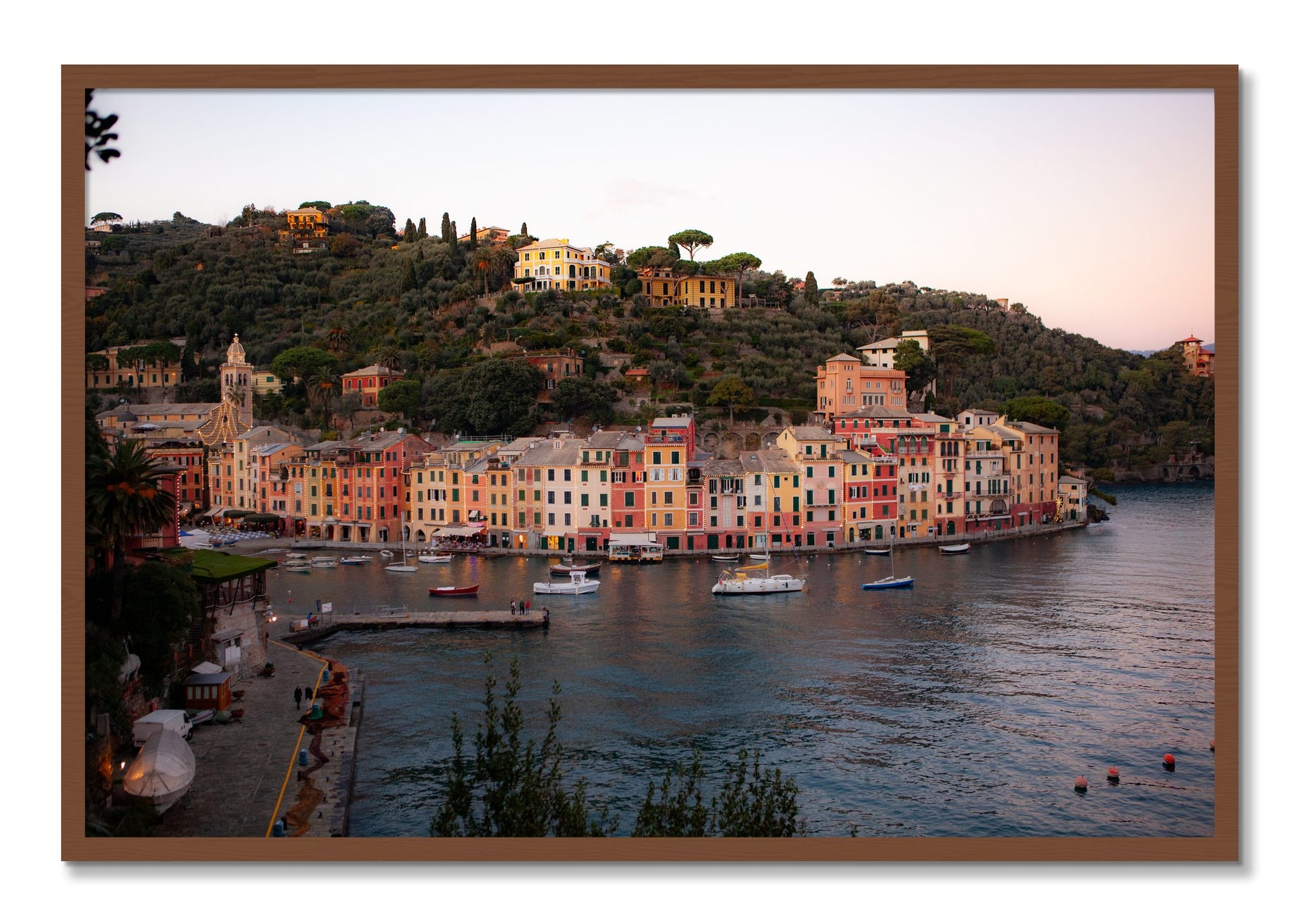 Framed photograph of Portofino Italy by Dylan Ozanich, Walnut frame, Full Bleed