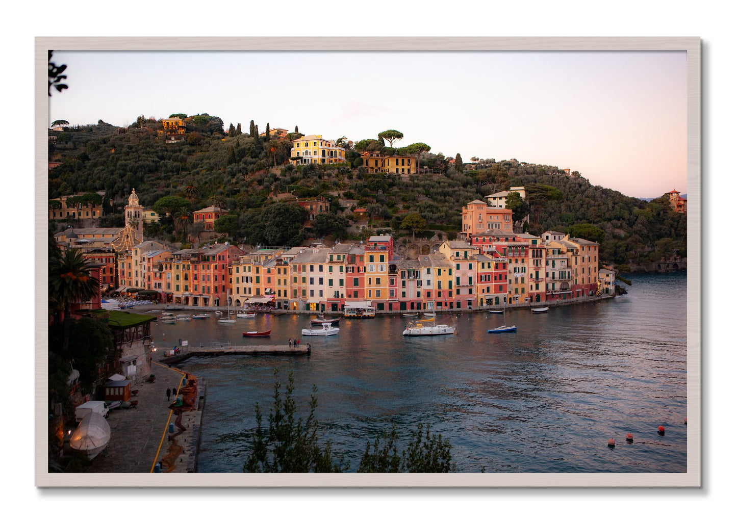 Framed photograph of Portofino Italy by Dylan Ozanich, White Maple frame, Full Bleed