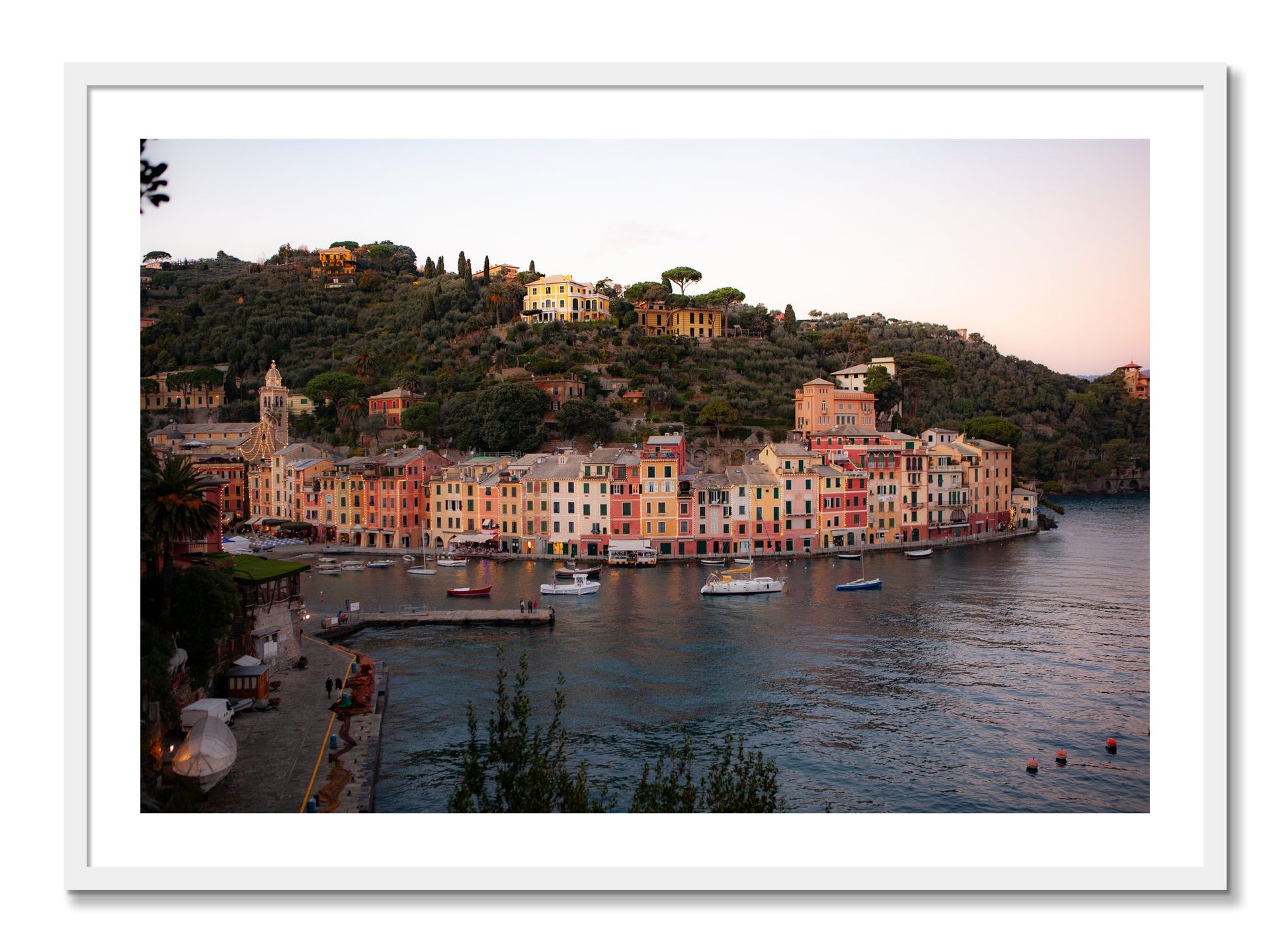 Framed photograph of Portofino Italy by Dylan Ozanich, White frame, Full Bleed