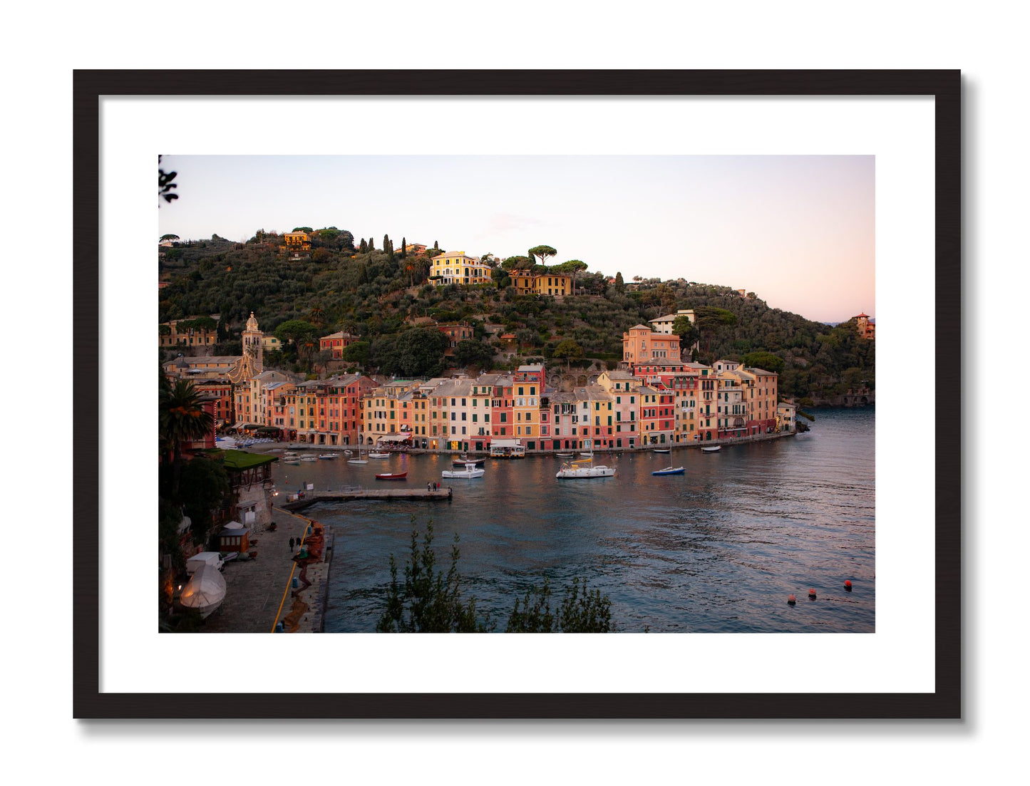 Framed photograph of Portofino Italy by Dylan Ozanich, Black Walnut frame, Borders
