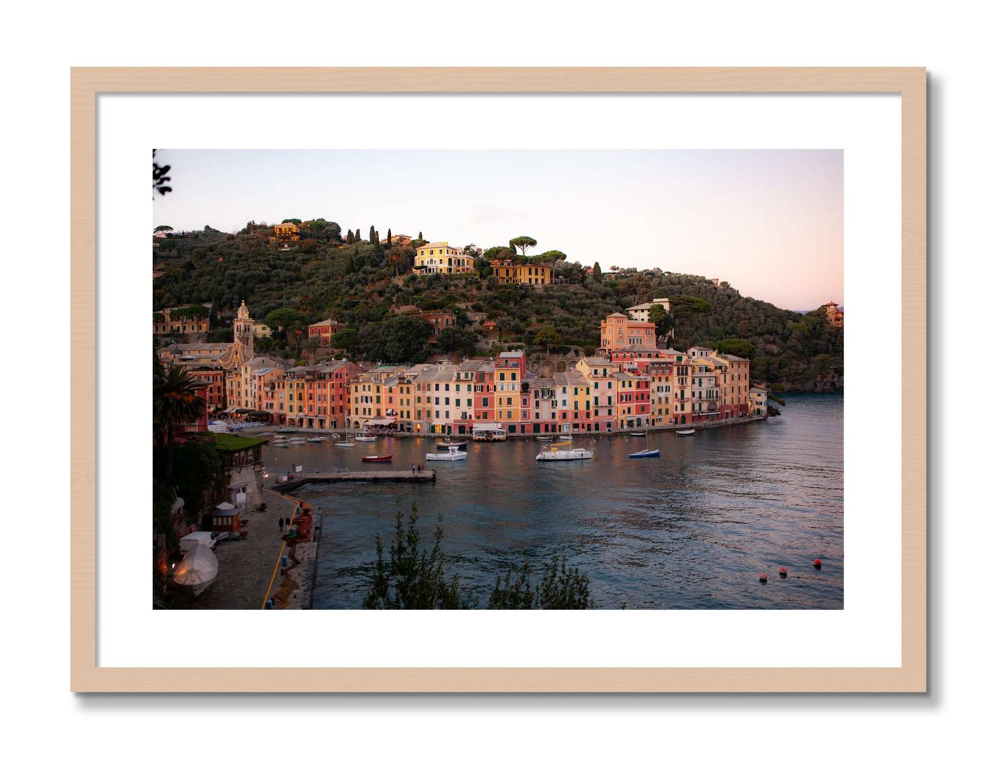 Framed photograph of Portofino Italy by Dylan Ozanich, Maple frame, Borders