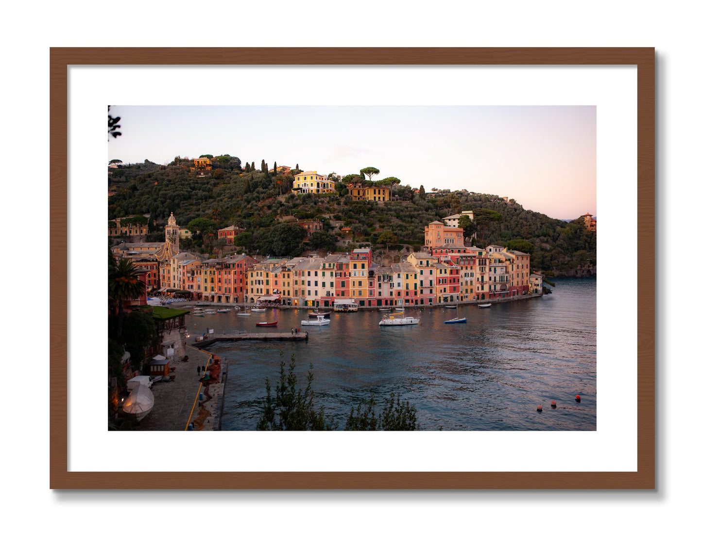 Framed photograph of Portofino Italy by Dylan Ozanich, Walnut frame, Borders