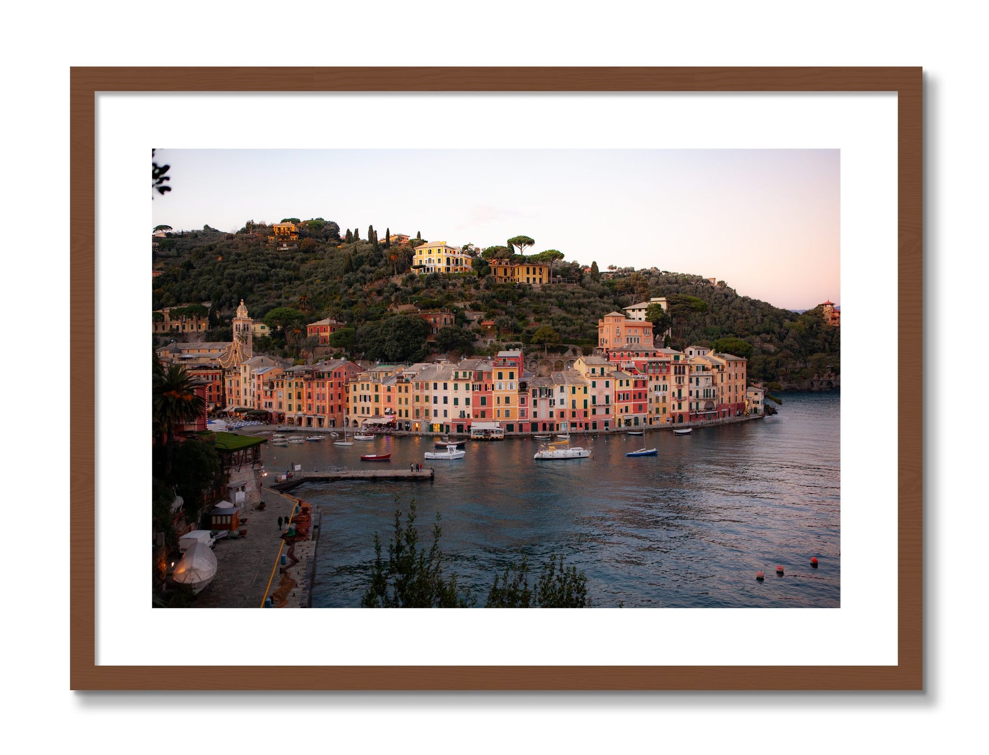 Framed photograph of Portofino Italy by Dylan Ozanich, Walnut frame, Borders
