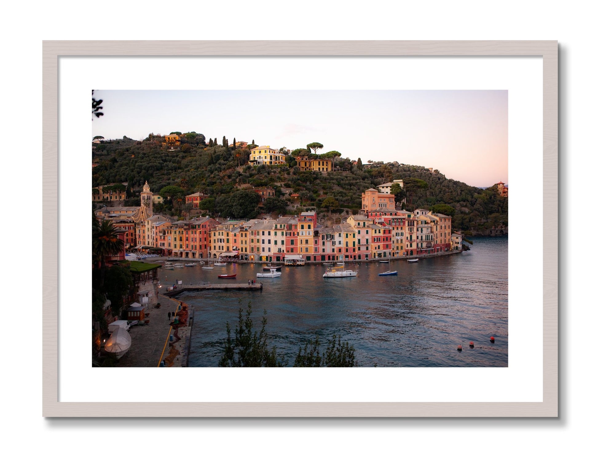 Framed photograph of Portofino Italy by Dylan Ozanich, White Maple frame, Borders