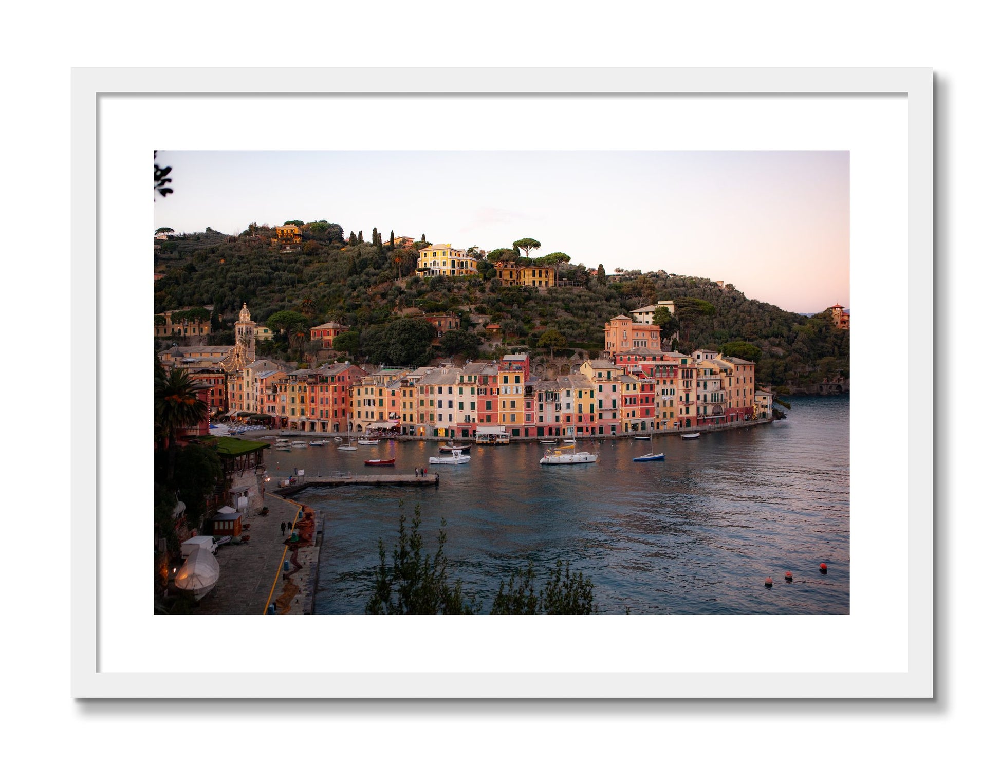 Framed photograph of Portofino Italy by Dylan Ozanich, White frame, Borders