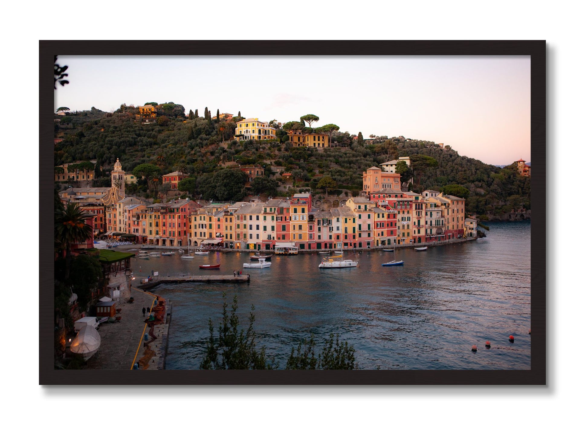 Framed photograph of Portofino Italy by Dylan Ozanich, Black Walnut frame, Full Bleed