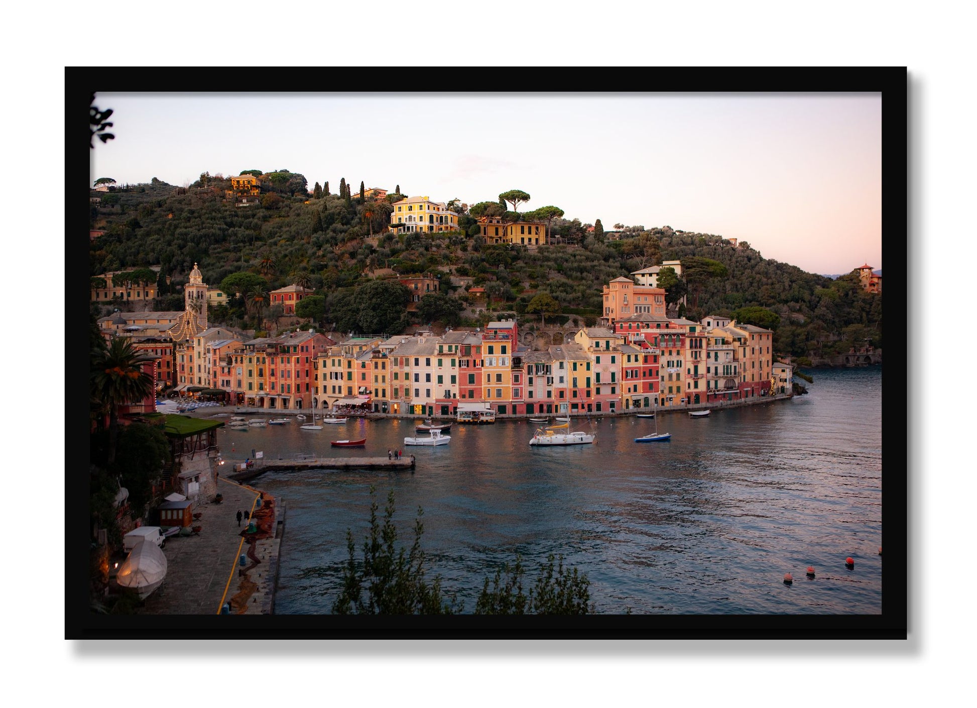 Framed photograph of Portofino Italy by Dylan Ozanich, Black frame, Full Bleed