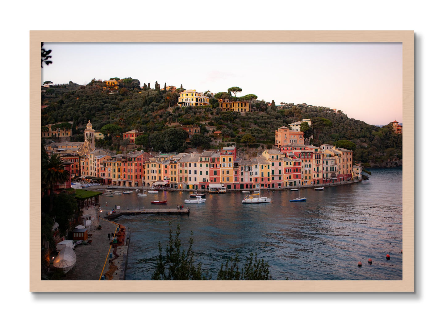 Framed photograph of Portofino Italy by Dylan Ozanich, Maple frame, Full Bleed