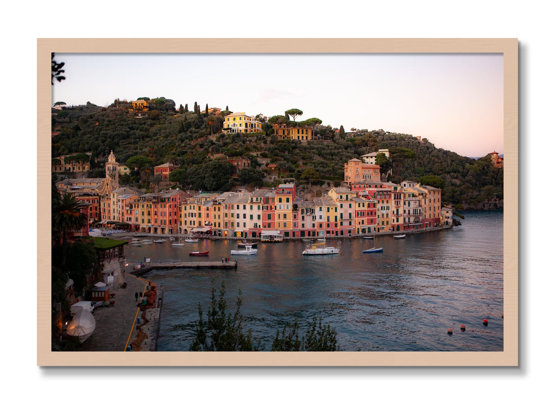 Framed photograph of Portofino Italy by Dylan Ozanich, Maple frame, Full Bleed