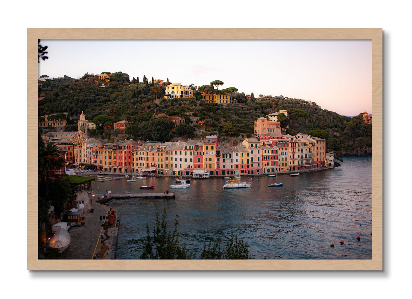 Framed photograph of Portofino Italy by Dylan Ozanich, Oak frame, Full Bleed