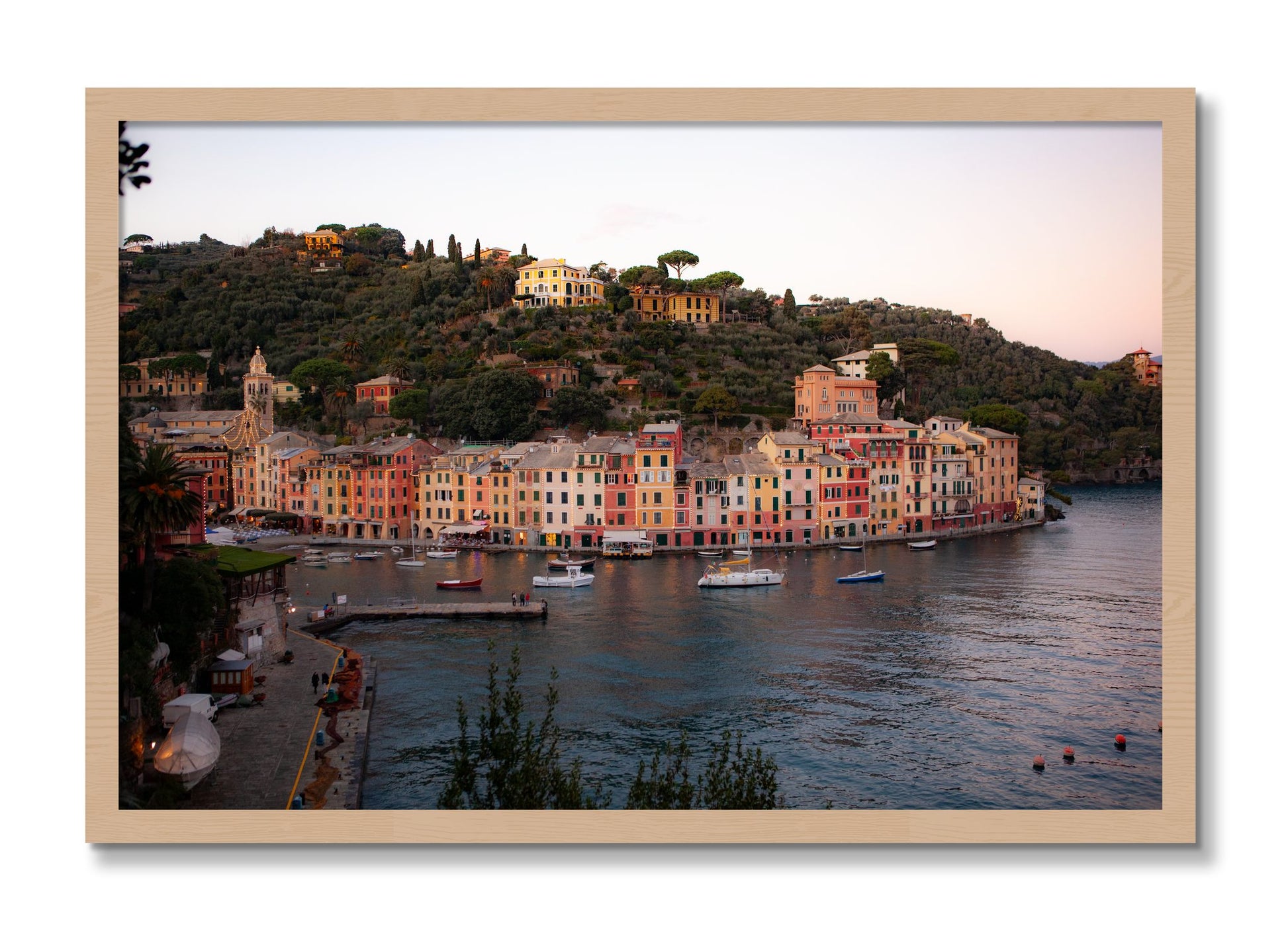 Framed photograph of Portofino Italy by Dylan Ozanich, Oak frame, Full Bleed