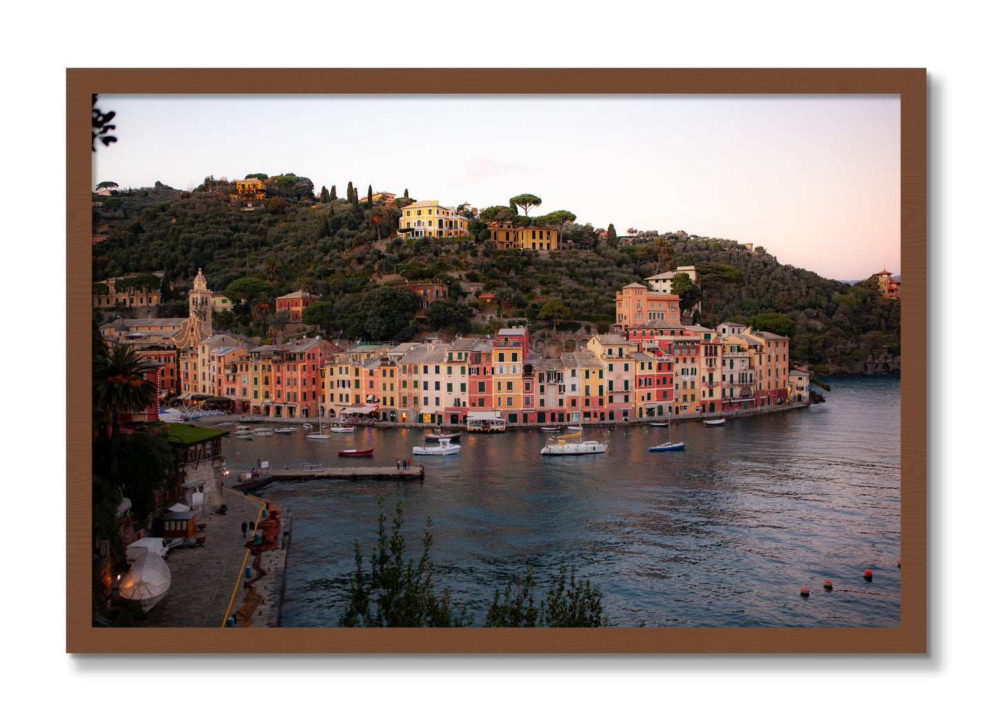 Framed photograph of Portofino Italy by Dylan Ozanich, Walnut frame, Full Bleed