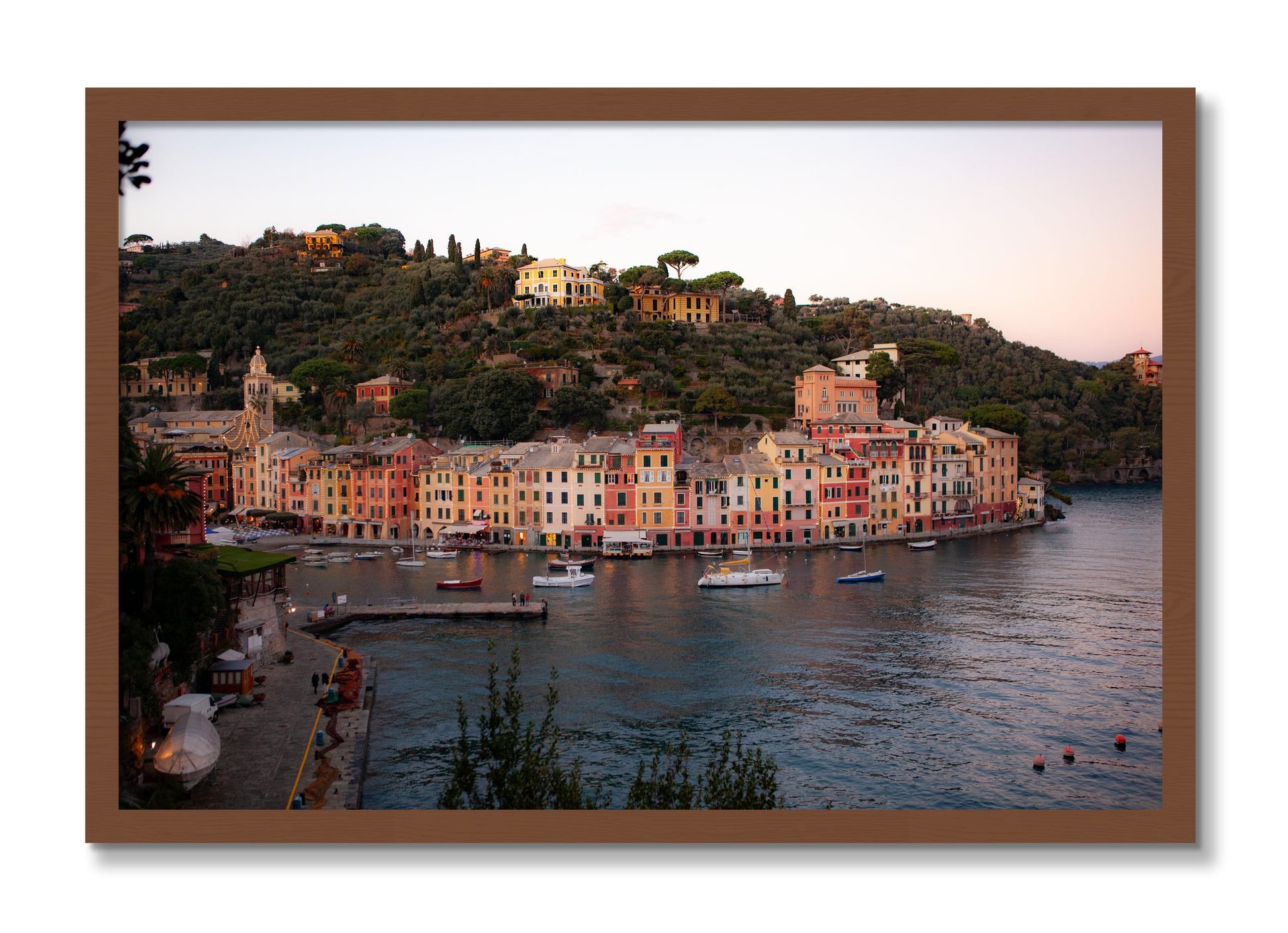 Framed photograph of Portofino Italy by Dylan Ozanich, Walnut frame, Full Bleed