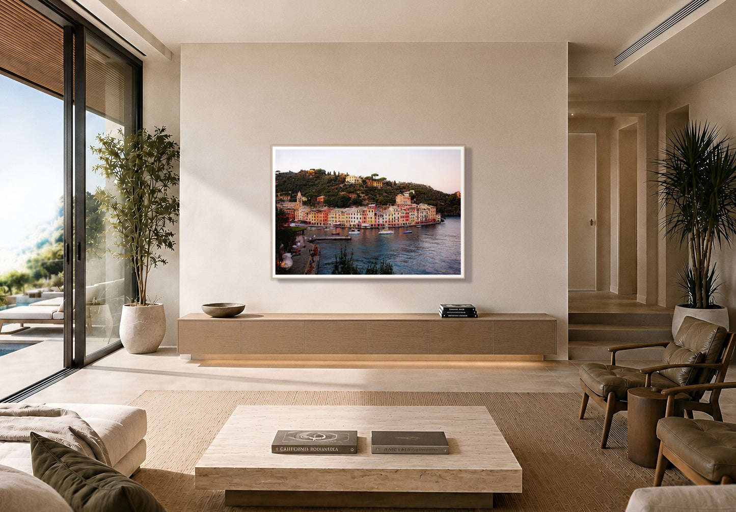 Portofino Italy by Dylan Ozanich in an Oak frame, above a floating oak credenza in a minimalist room opening onto a pool terrace