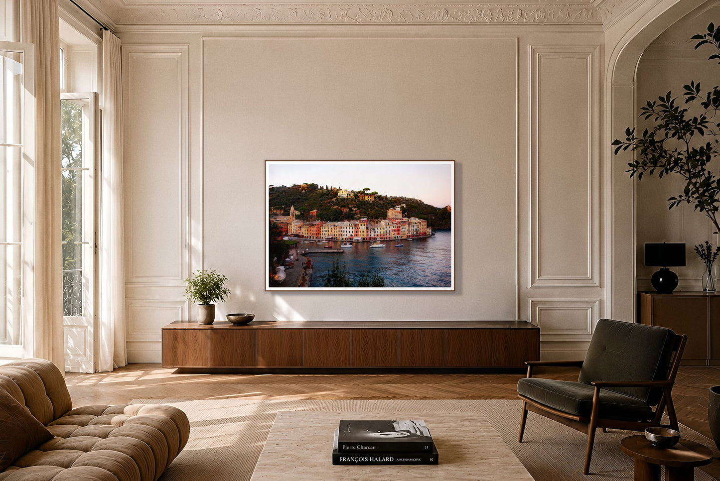 Portofino Italy by Dylan Ozanich in a Walnut frame, on a paneled wall above a walnut credenza in a Parisian apartment