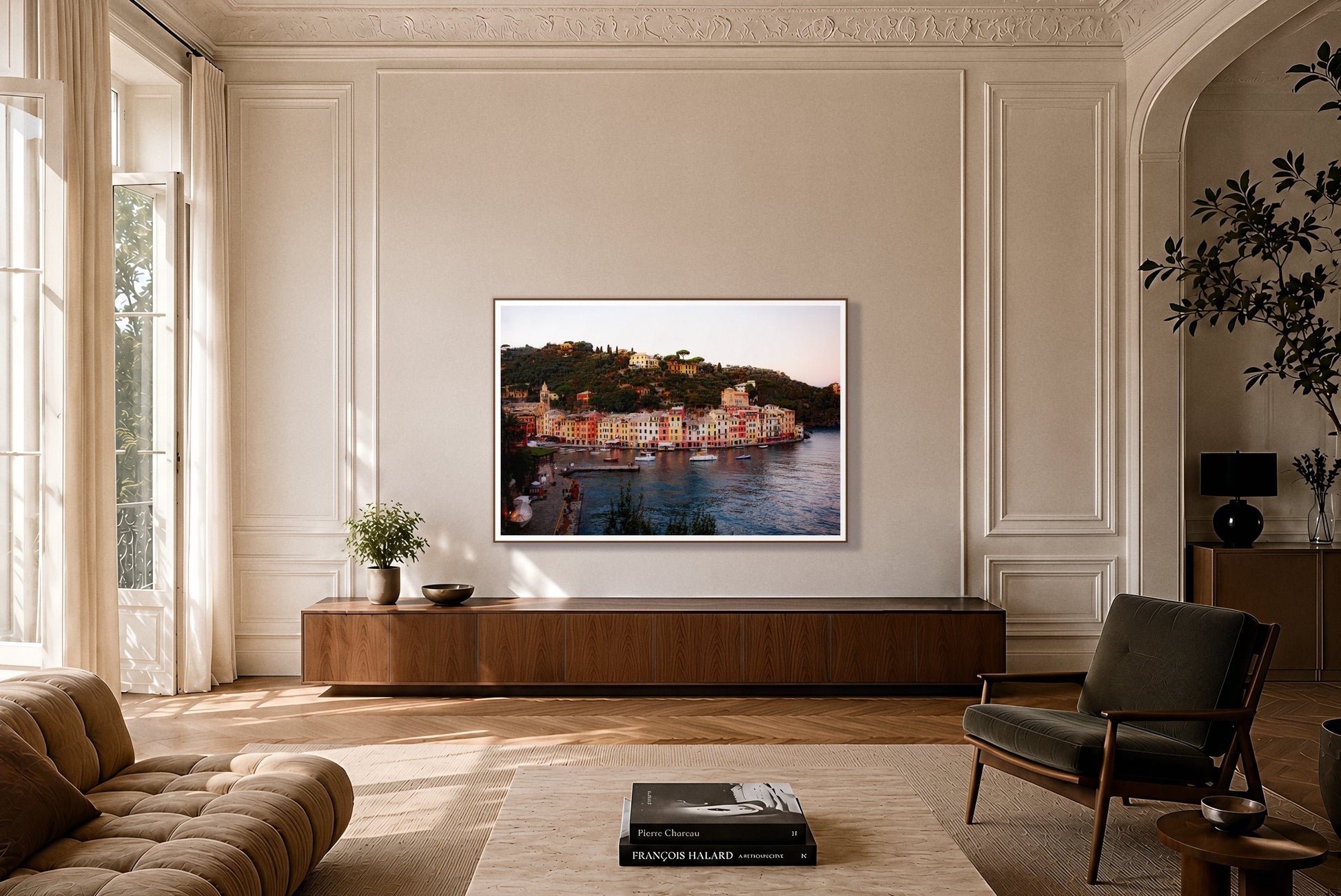Portofino Italy by Dylan Ozanich in a Walnut frame, on a paneled wall above a walnut credenza in a Parisian apartment