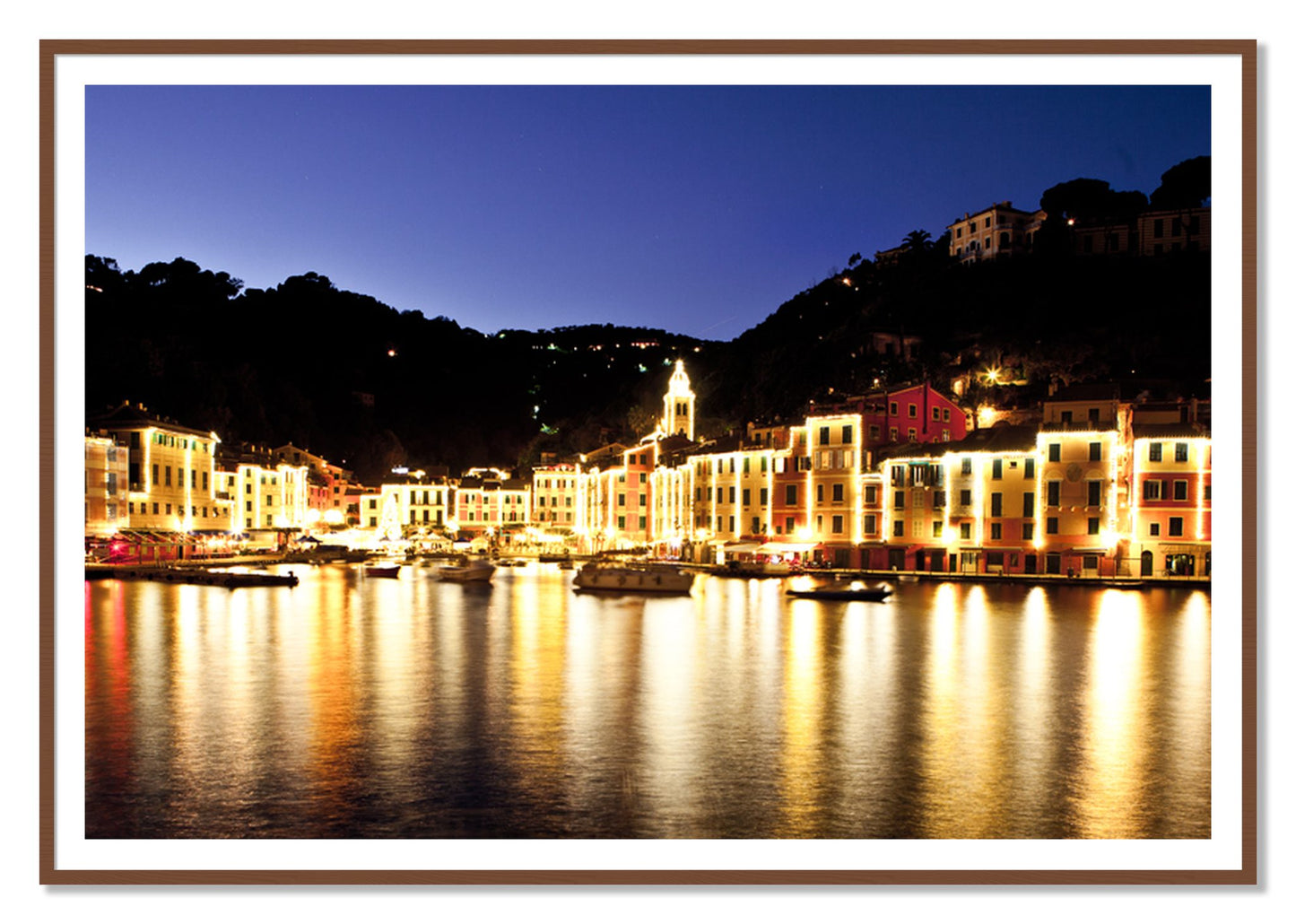 Portofino Reflection by Dylan Ozanich, 48×72 print with a White Border in a Walnut frame