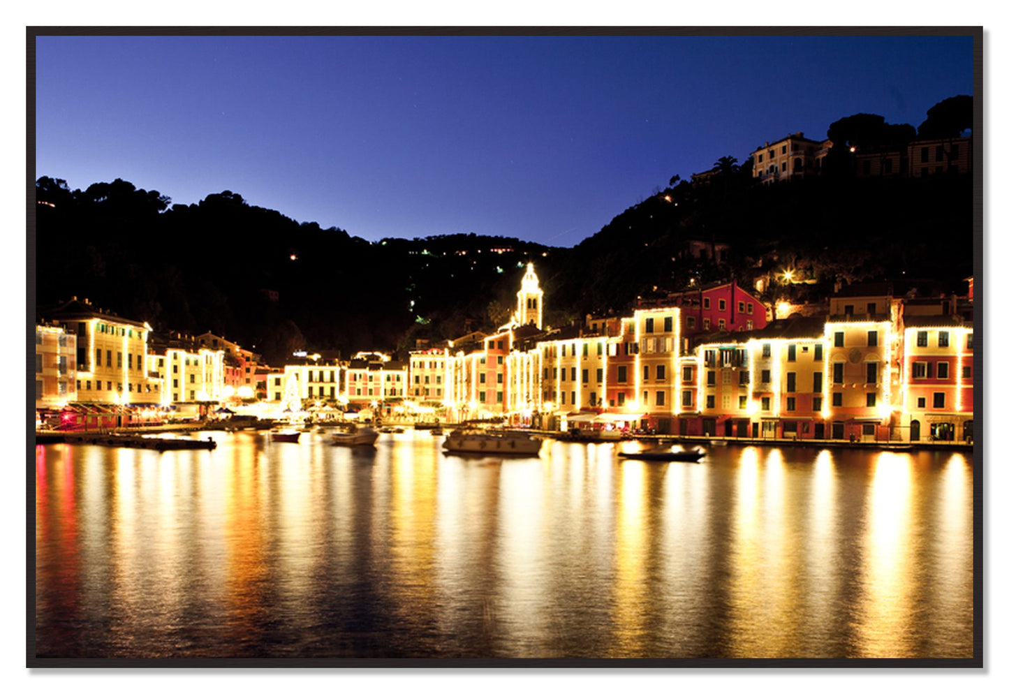 Portofino Reflection by Dylan Ozanich, 48×72 Full Bleed Print in a Black Walnut frame