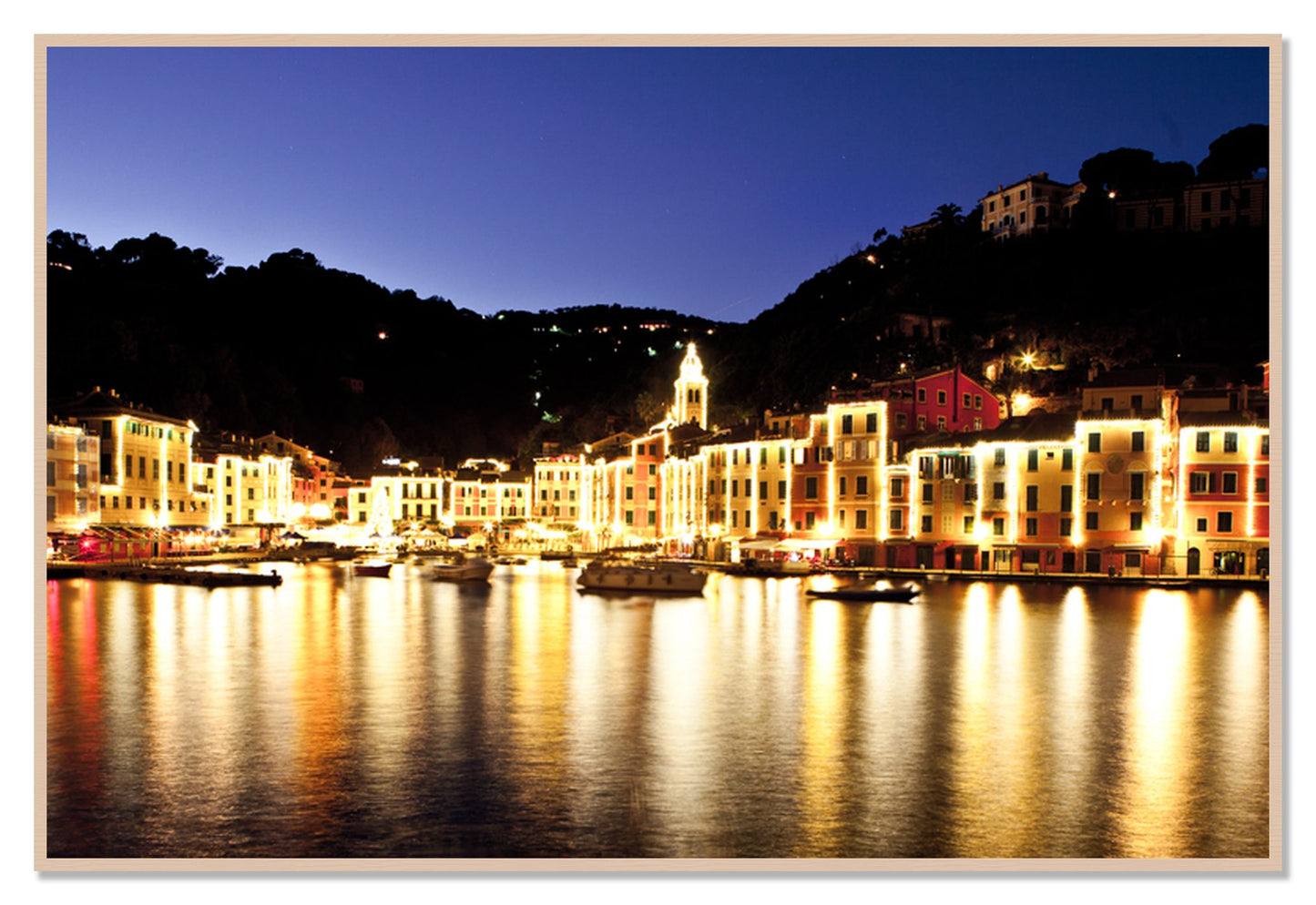 Portofino Reflection by Dylan Ozanich, 48×72 Full Bleed Print in a Maple frame