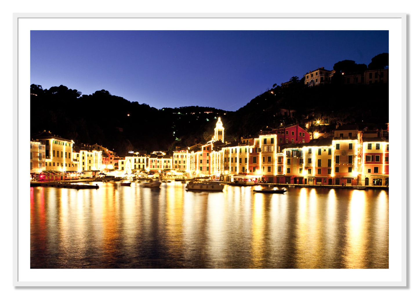 Framed photograph of Portofino Reflection by Dylan Ozanich, White frame, Borders