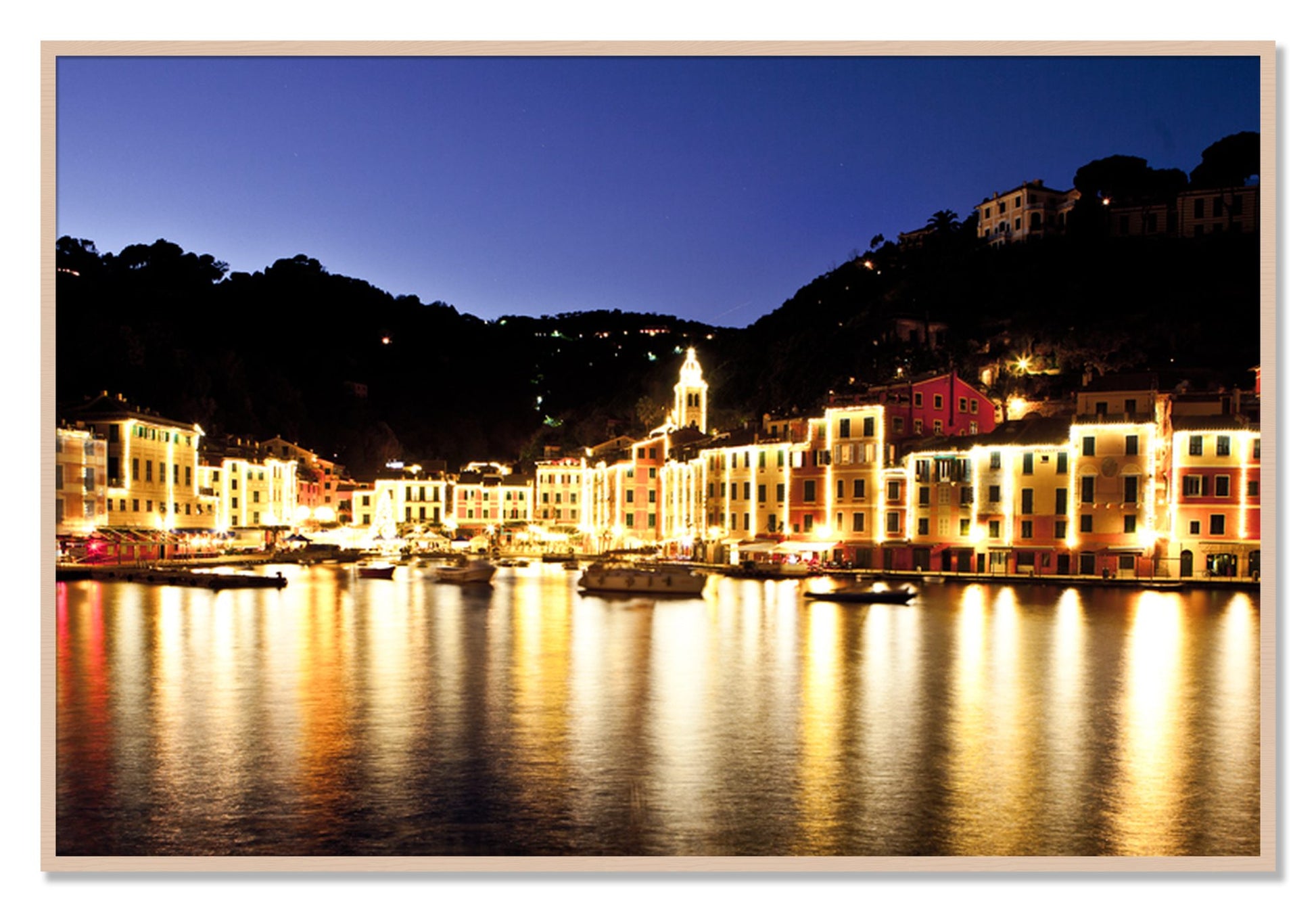 Framed photograph of Portofino Reflection by Dylan Ozanich, Maple frame, Full Bleed