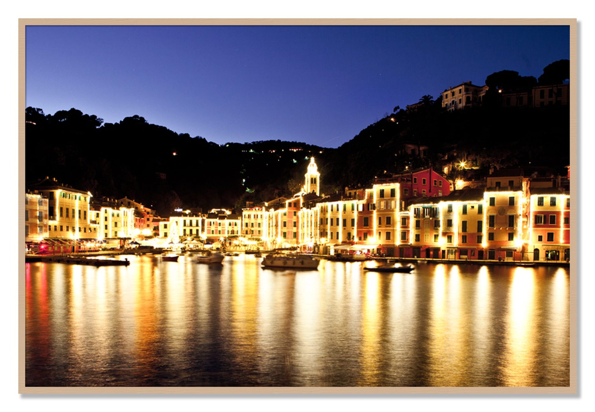Framed photograph of Portofino Reflection by Dylan Ozanich, Oak frame, Full Bleed