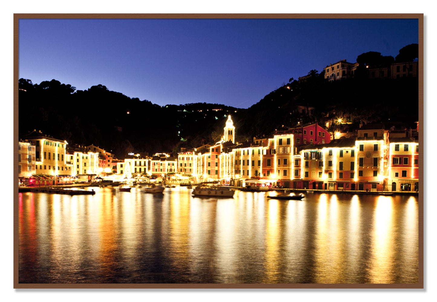 Framed photograph of Portofino Reflection by Dylan Ozanich, Walnut frame, Full Bleed