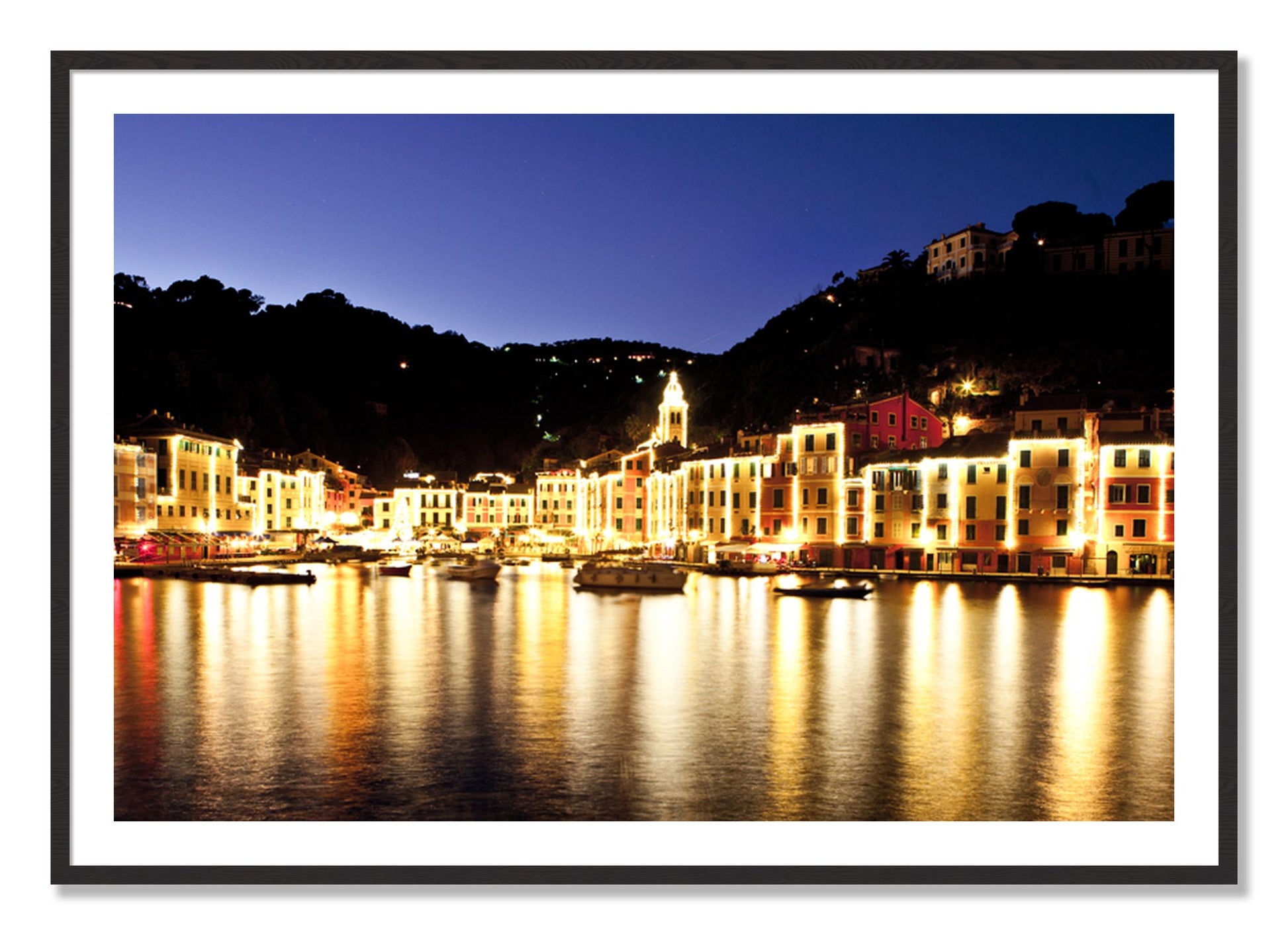 Framed photograph of Portofino Reflection by Dylan Ozanich, Black Walnut frame, Borders