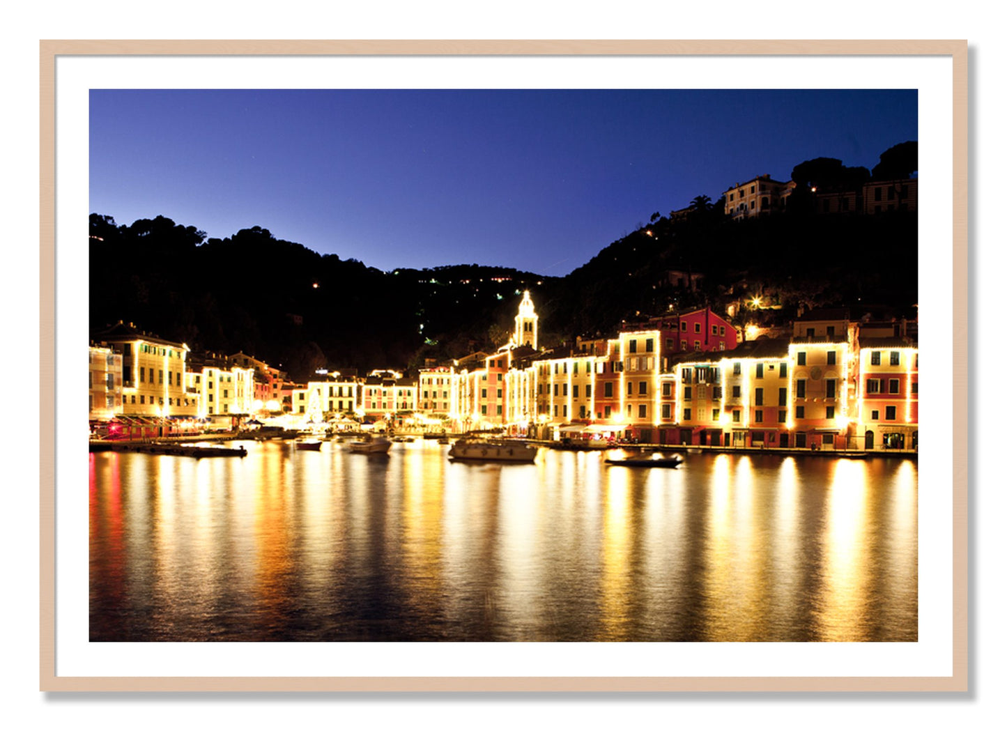 Framed photograph of Portofino Reflection by Dylan Ozanich, Maple frame, Borders