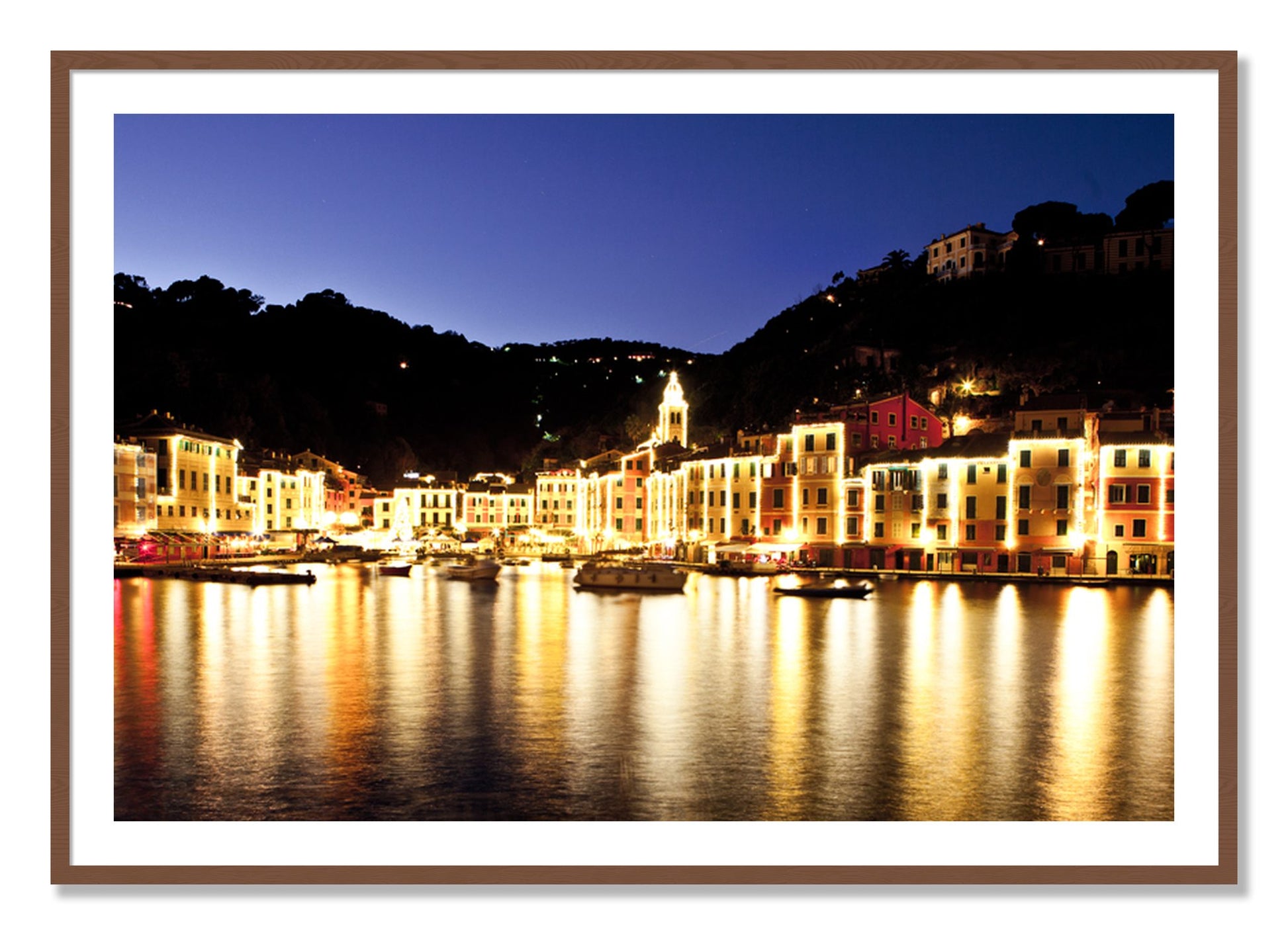 Framed photograph of Portofino Reflection by Dylan Ozanich, Walnut frame, Borders
