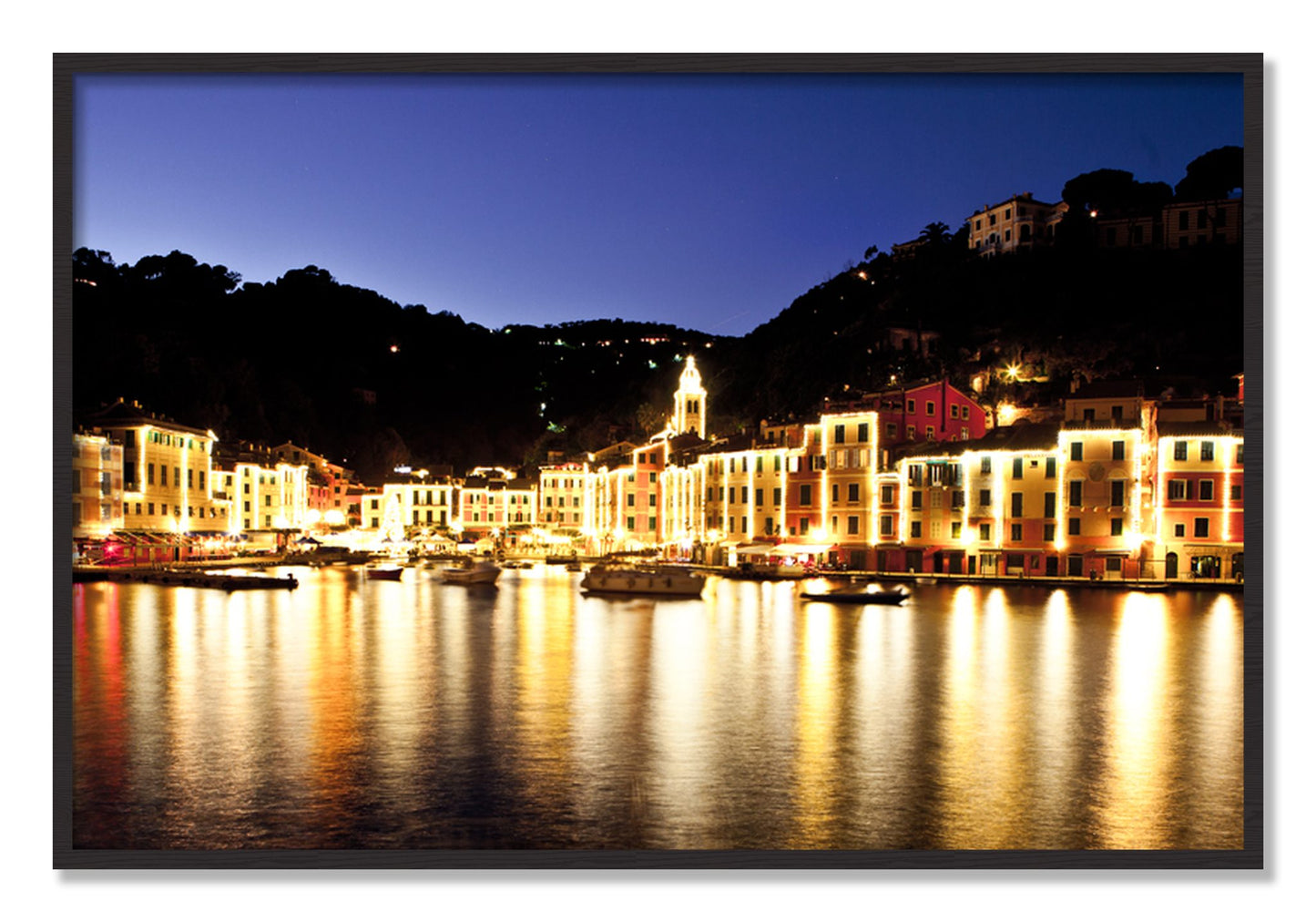 Framed photograph of Portofino Reflection by Dylan Ozanich, Black Walnut frame, Full Bleed