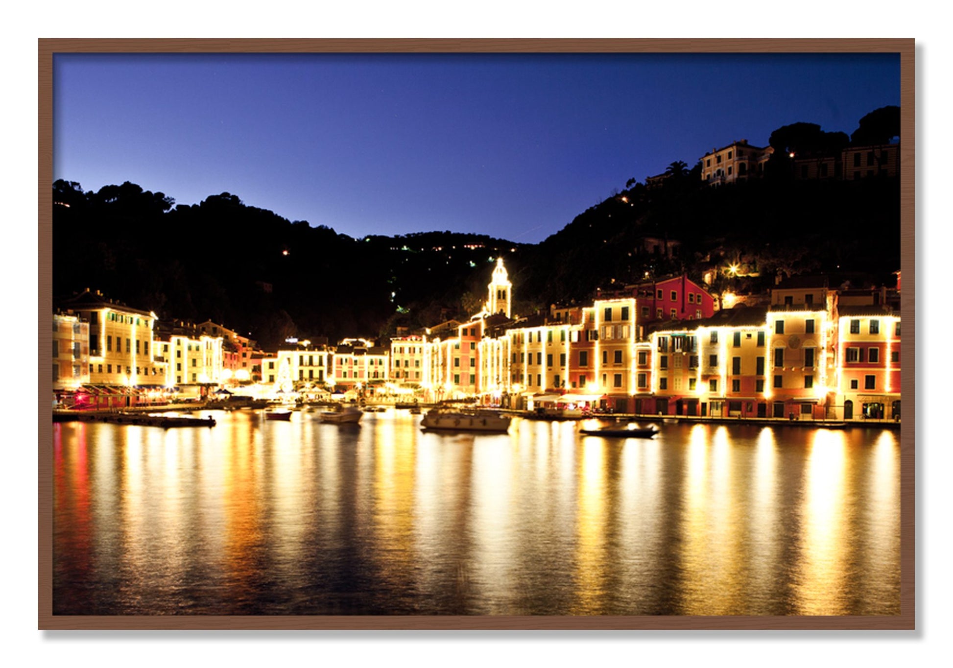 Framed photograph of Portofino Reflection by Dylan Ozanich, Walnut frame, Full Bleed