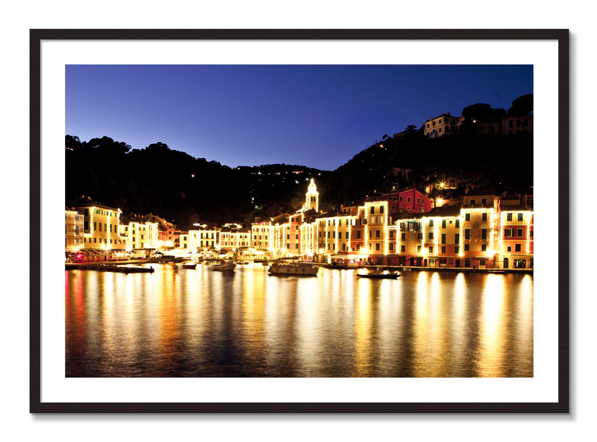 Framed photograph of Portofino Reflection by Dylan Ozanich, Black Walnut frame, Borders
