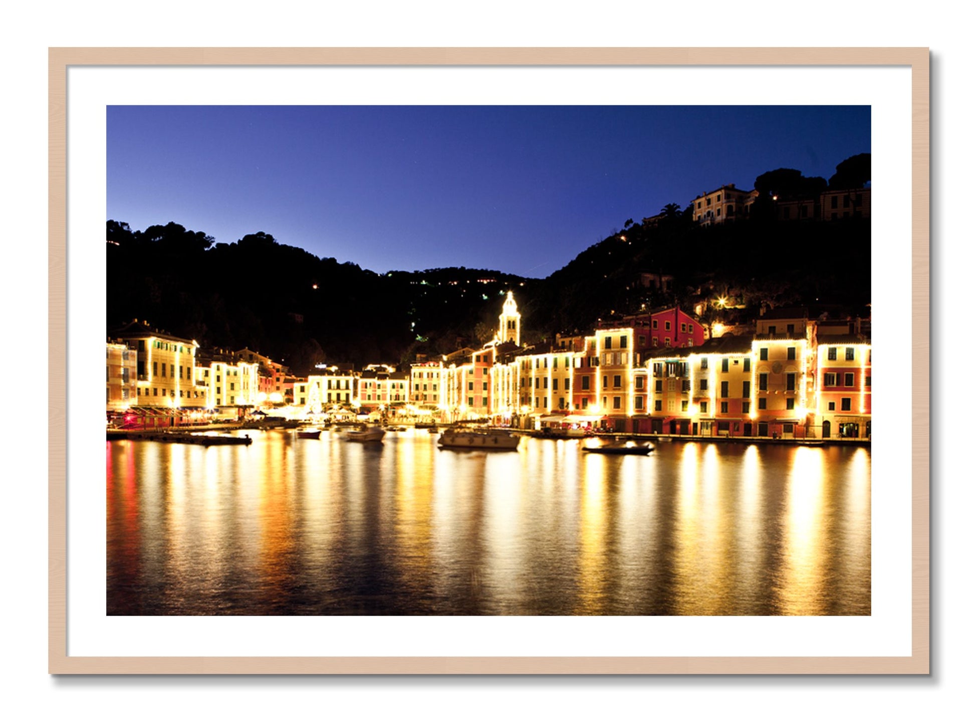 Framed photograph of Portofino Reflection by Dylan Ozanich, Maple frame, Borders