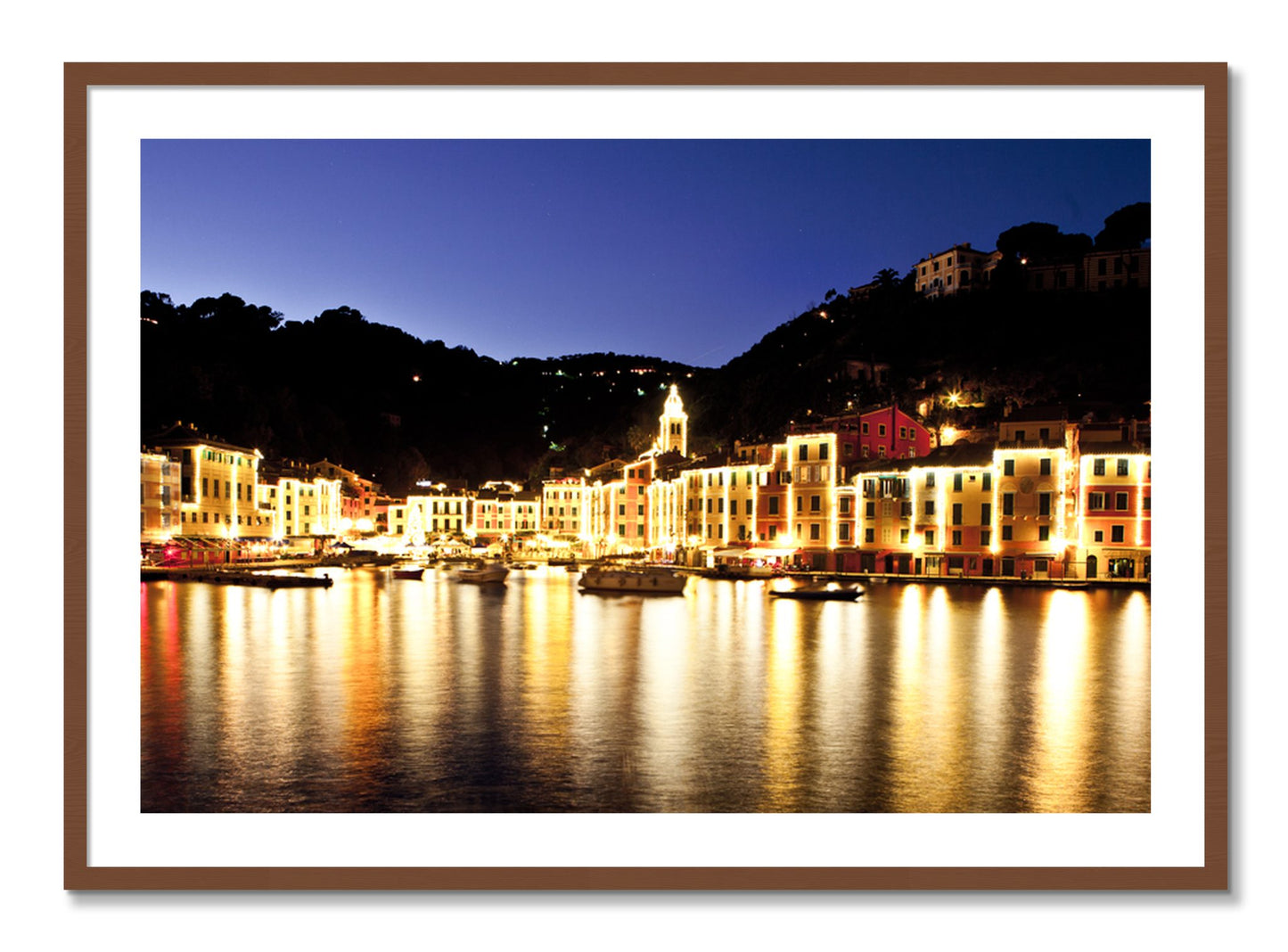 Framed photograph of Portofino Reflection by Dylan Ozanich, Walnut frame, Borders