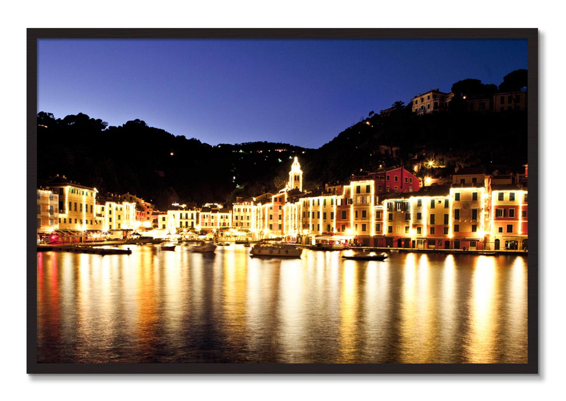 Framed photograph of Portofino Reflection by Dylan Ozanich, Black Walnut frame, Full Bleed