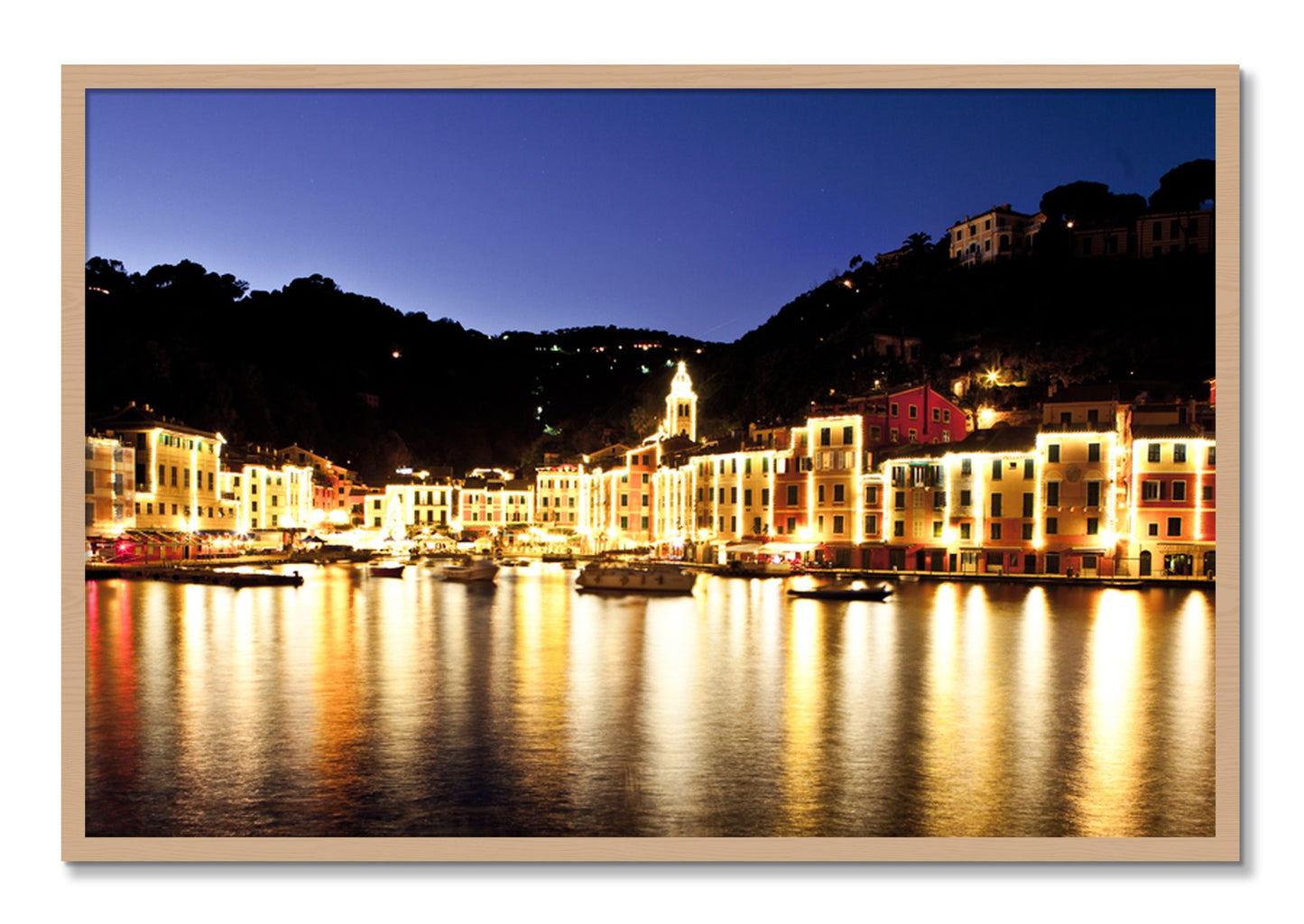 Framed photograph of Portofino Reflection by Dylan Ozanich, Oak frame, Full Bleed