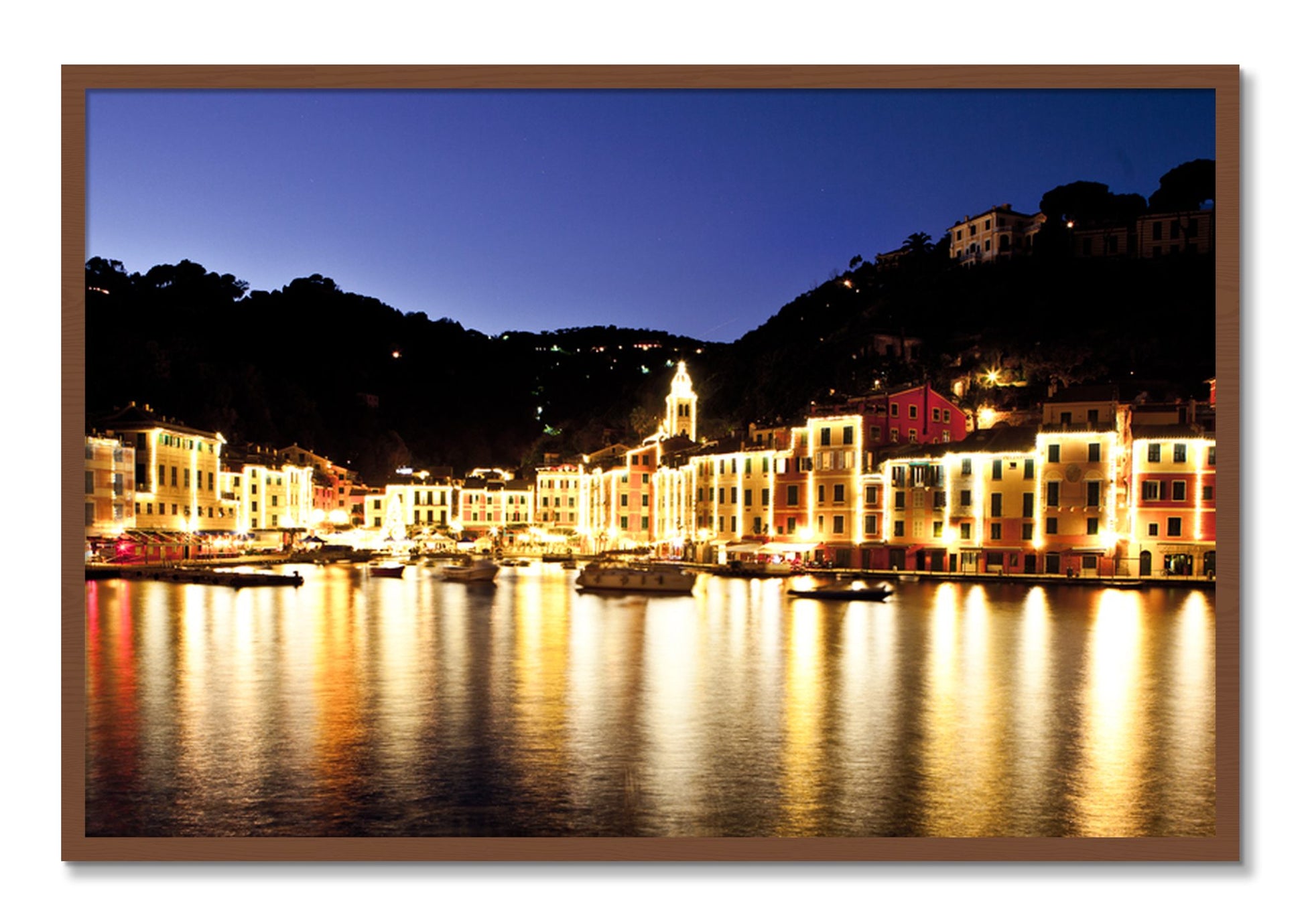 Framed photograph of Portofino Reflection by Dylan Ozanich, Walnut frame, Full Bleed