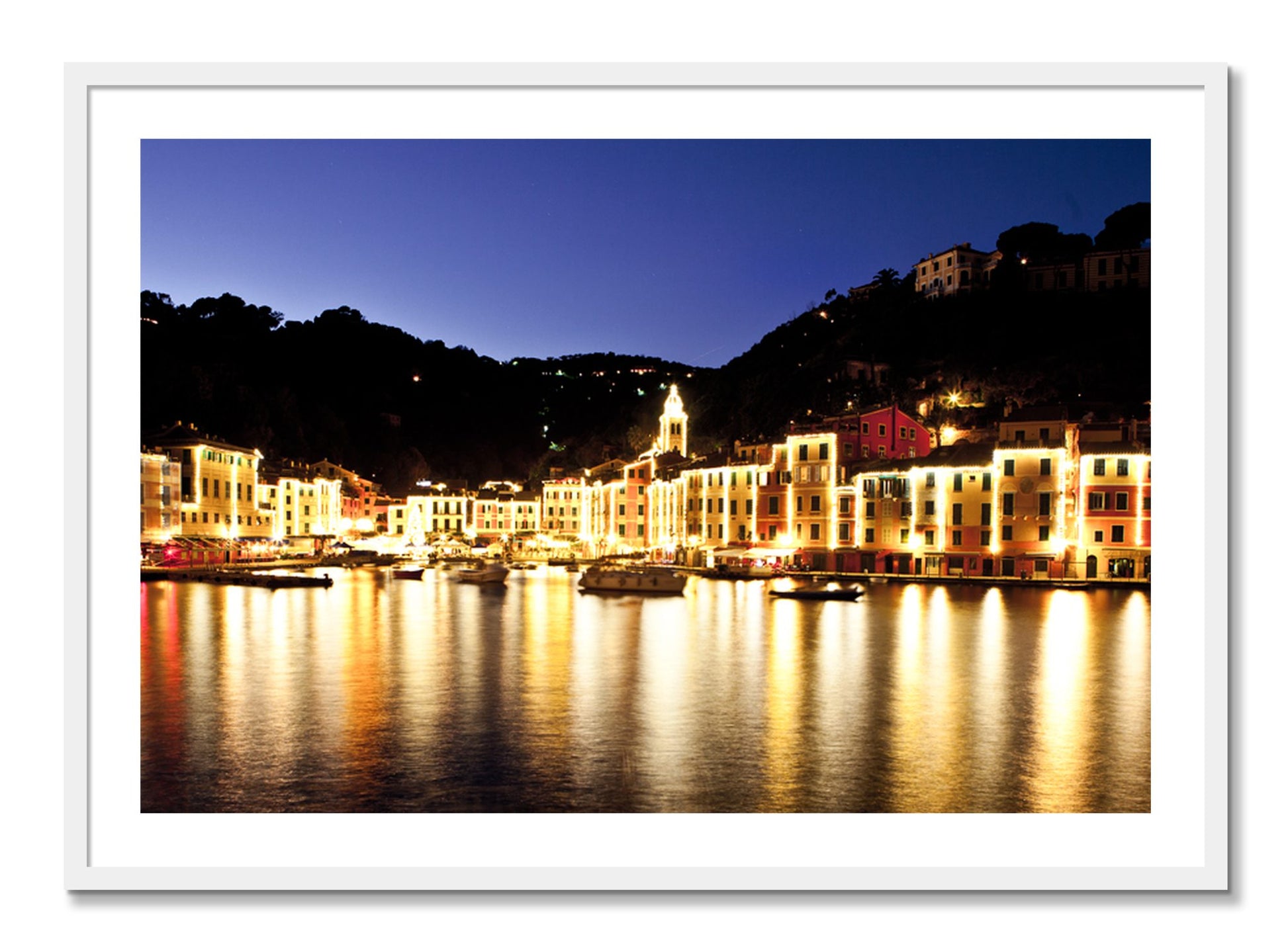 Framed photograph of Portofino Reflection by Dylan Ozanich, White frame, Full Bleed