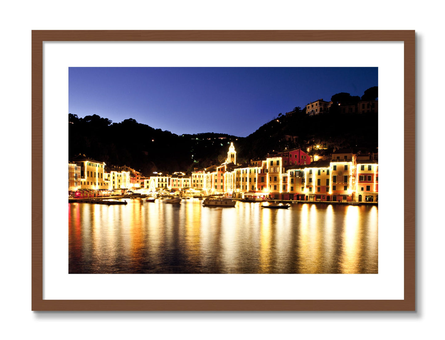 Framed photograph of Portofino Reflection by Dylan Ozanich, Walnut frame, Borders