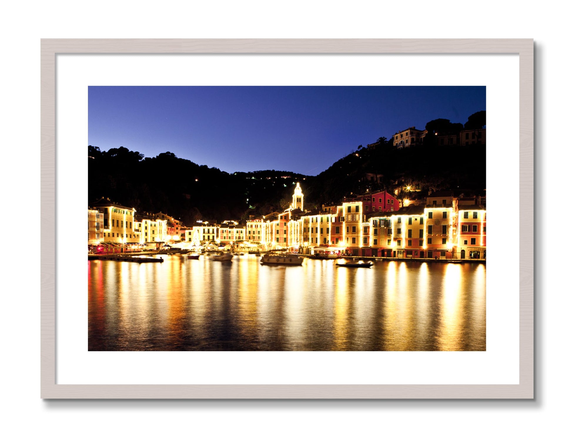Framed photograph of Portofino Reflection by Dylan Ozanich, White Maple frame, Borders