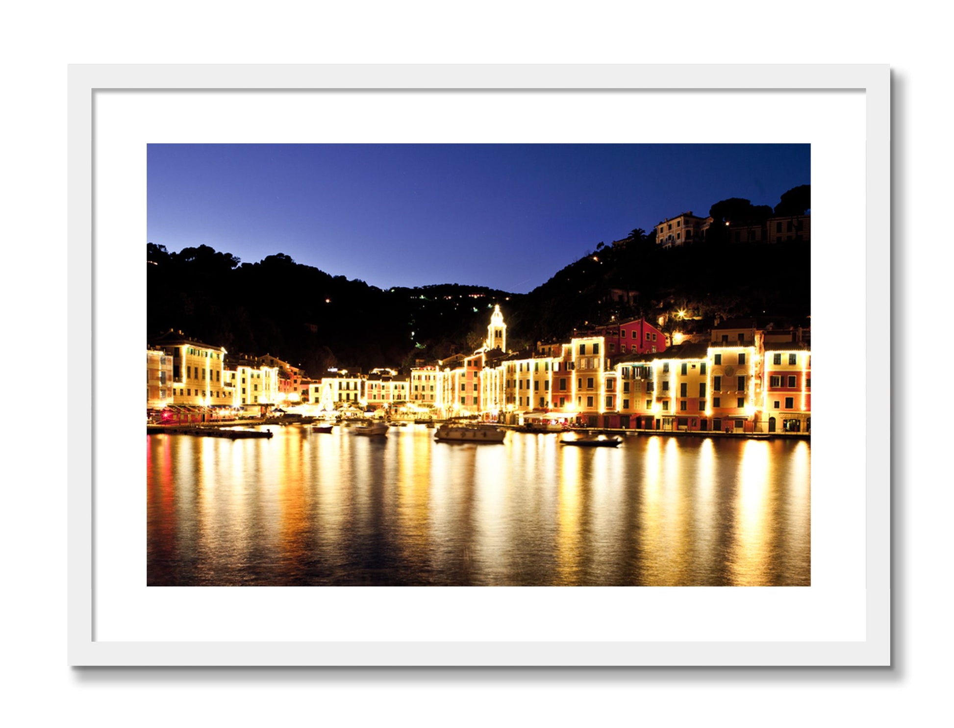 Framed photograph of Portofino Reflection by Dylan Ozanich, White frame, Borders