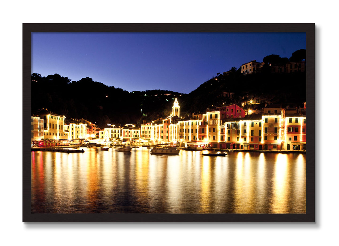 Framed photograph of Portofino Reflection by Dylan Ozanich, Black Walnut frame, Full Bleed