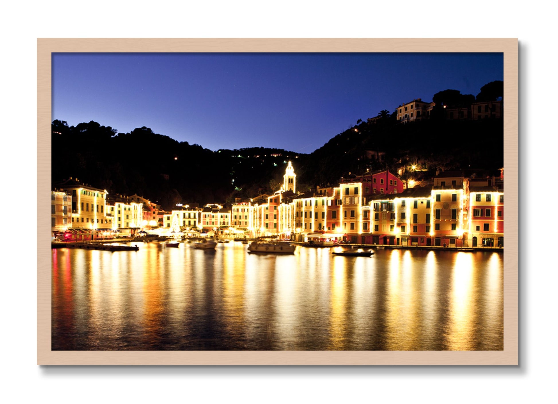 Framed photograph of Portofino Reflection by Dylan Ozanich, Maple frame, Full Bleed