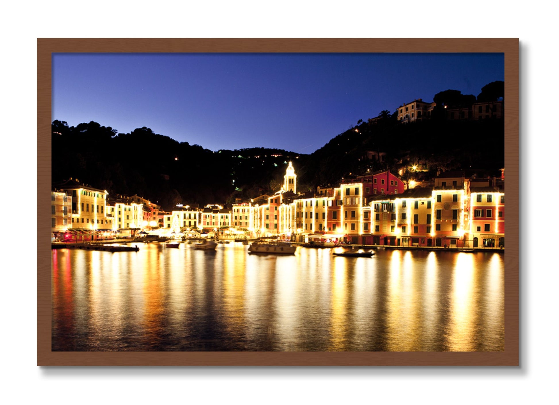 Framed photograph of Portofino Reflection by Dylan Ozanich, Walnut frame, Full Bleed