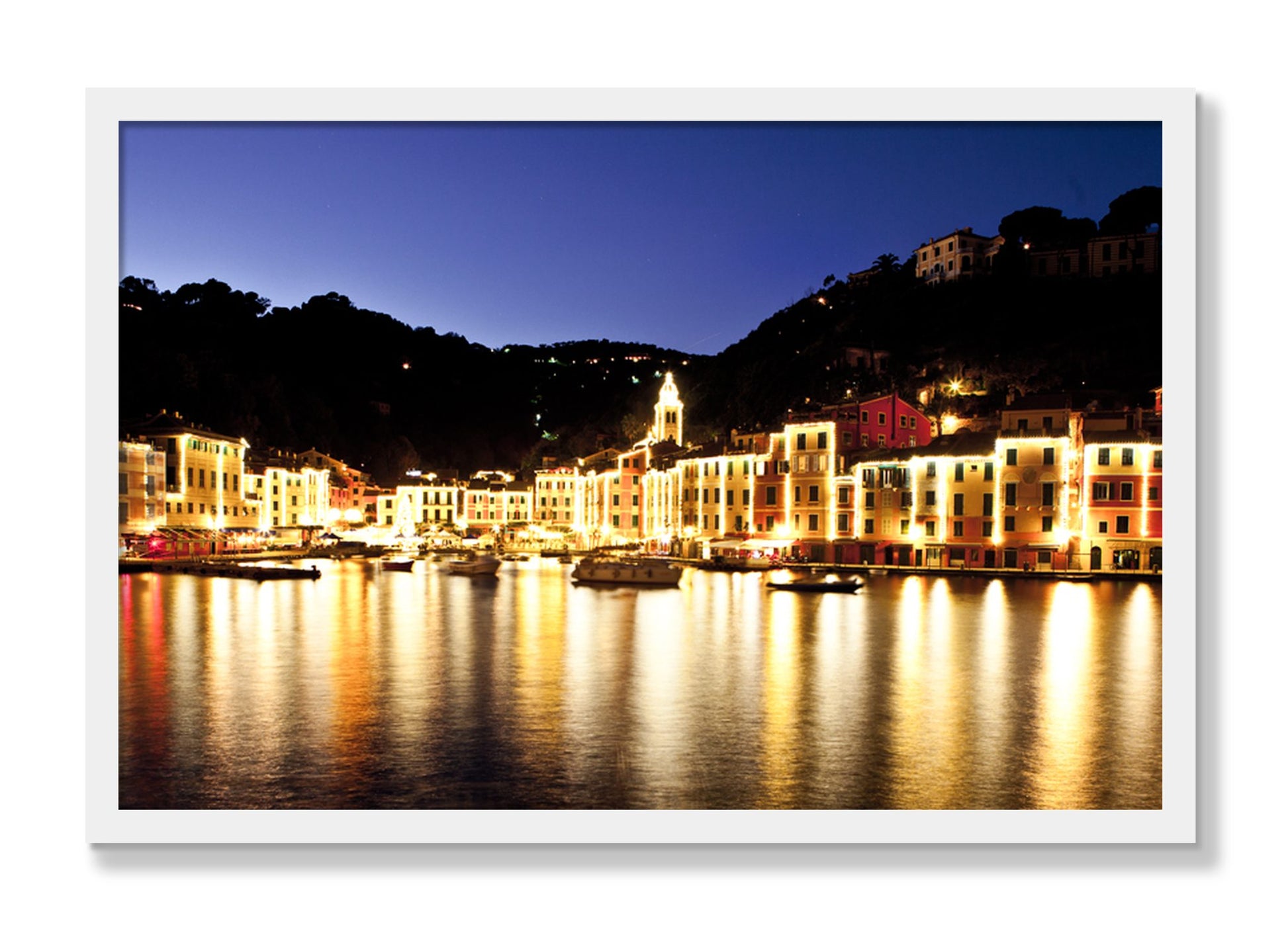Framed photograph of Portofino Reflection by Dylan Ozanich, White frame, Full Bleed